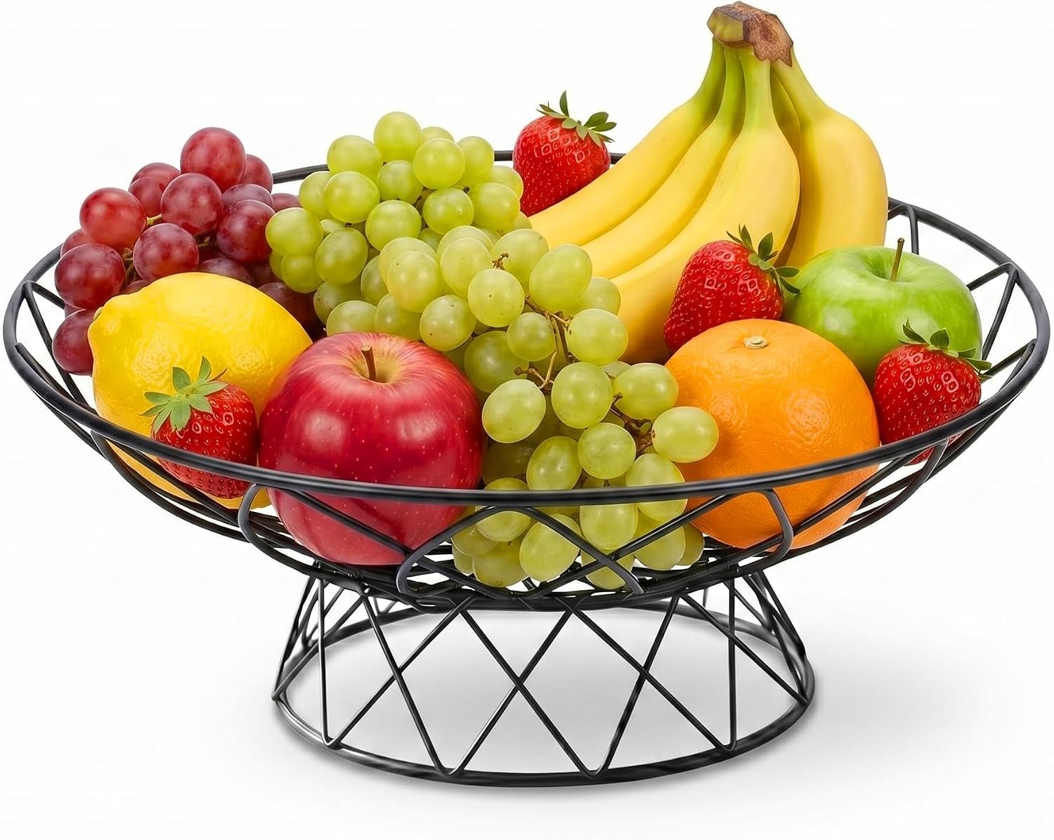 AIYICIII Modern Metal Fruit Basket, 12″ Wire Footed Bowl for Kitchen(Black) | Large metal wire mesh holder for open airflow. Geometric pedestal stand prevents tipping. Decorative bread vegetable storage.