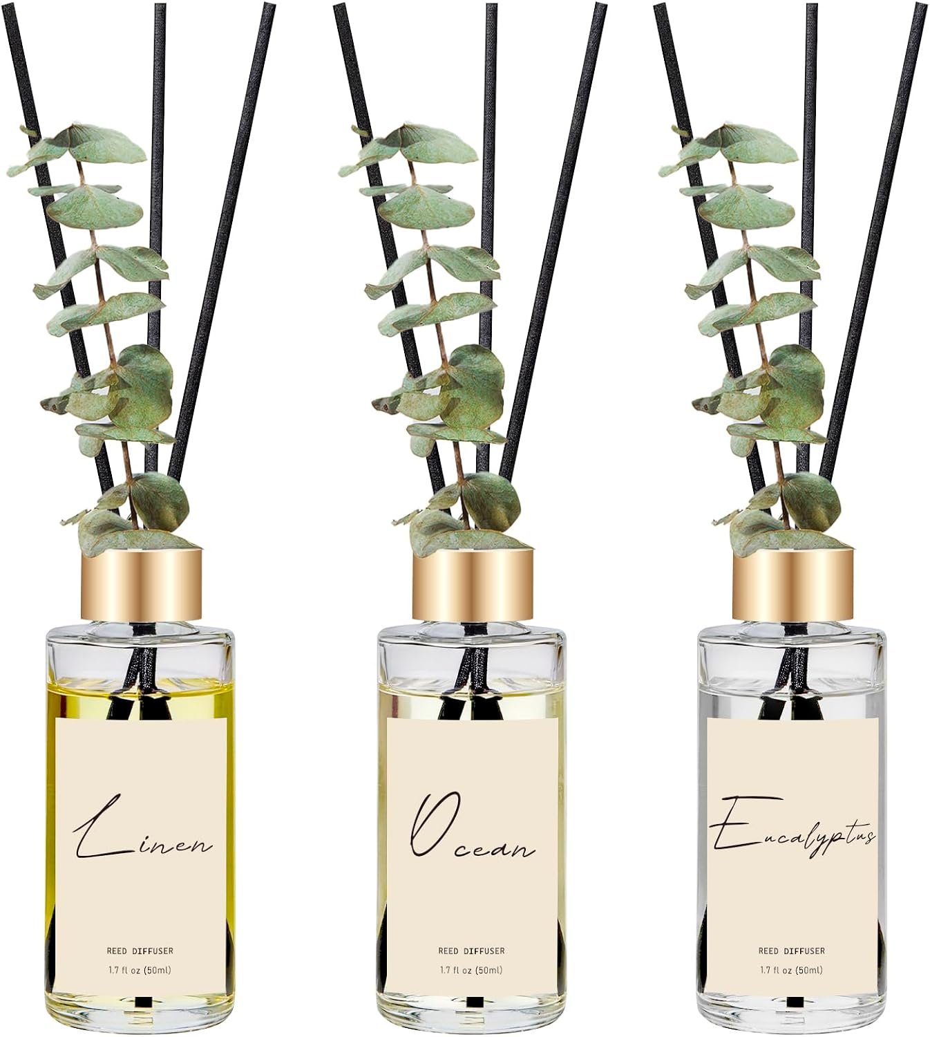 Reed Diffuser Set of 3, Eucalyptus, Linen, Ocean Oil Diffusers with Sticks | 1.7 fl oz Each, Total 5.1 oz, Long-Lasting Essential Oil Home Fragrance, Air Freshener for Bedroom, Bathroom Decor