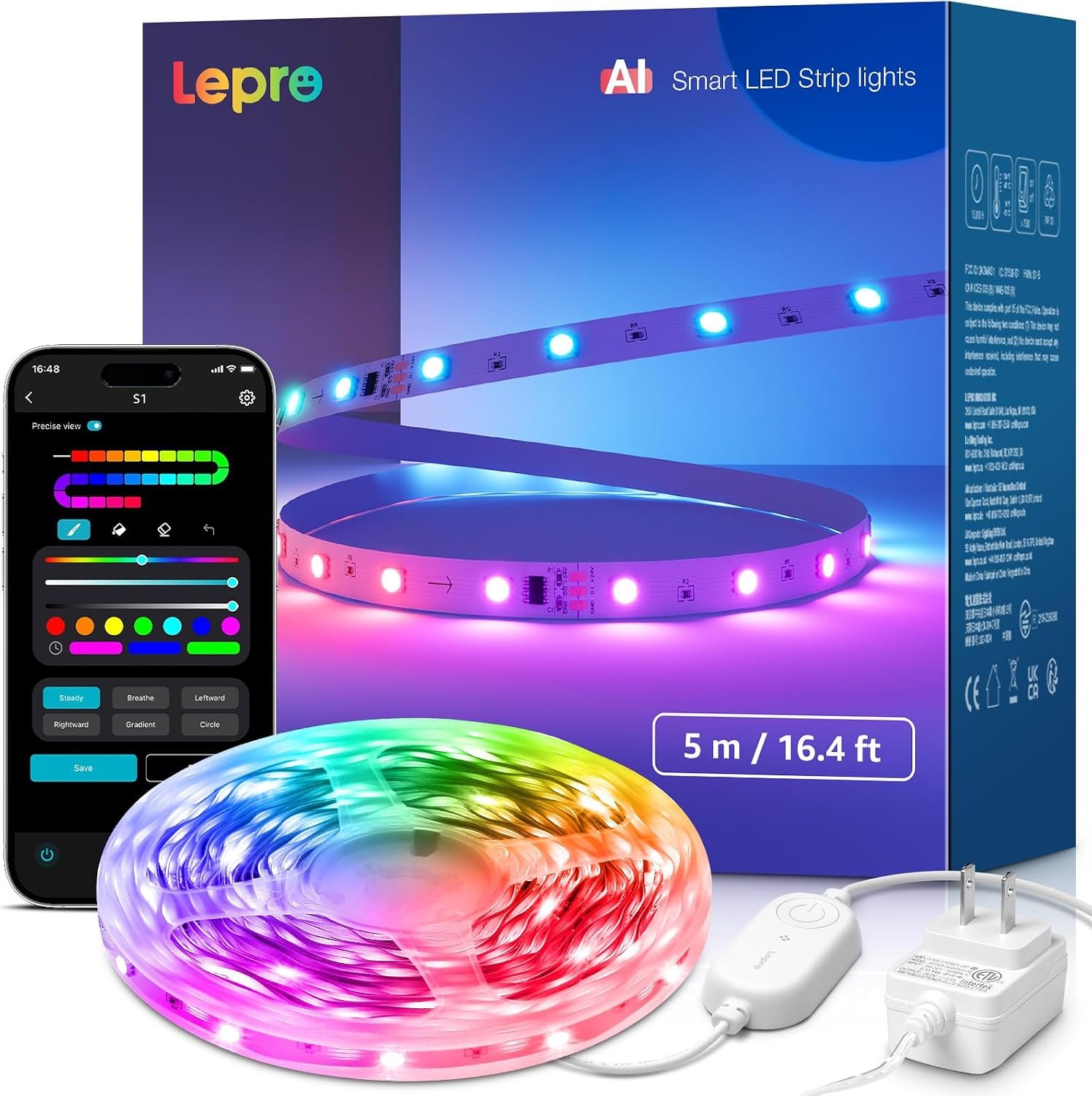 Lepro S1 AI Smart LED Strip Lights with IC 16.4FT 2.4G WiFi Bluetooth | AI lighting designer,Rainbow chasing effects,Color segment DIY,Music sync,High density LEDs,Holiday Decor,Bedroom,Room,Gaming