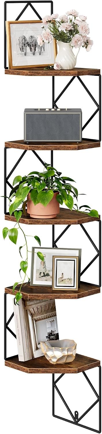 5-Tier Corner Shelf, Floating Shelf, Wall-Mounted Storage Shelf, Wall Decor, Narrow Corner Bookshelf, for Living Room, Bedroom, Home Office, and Bathroom, Rustic Brown and Black TCJ35BF