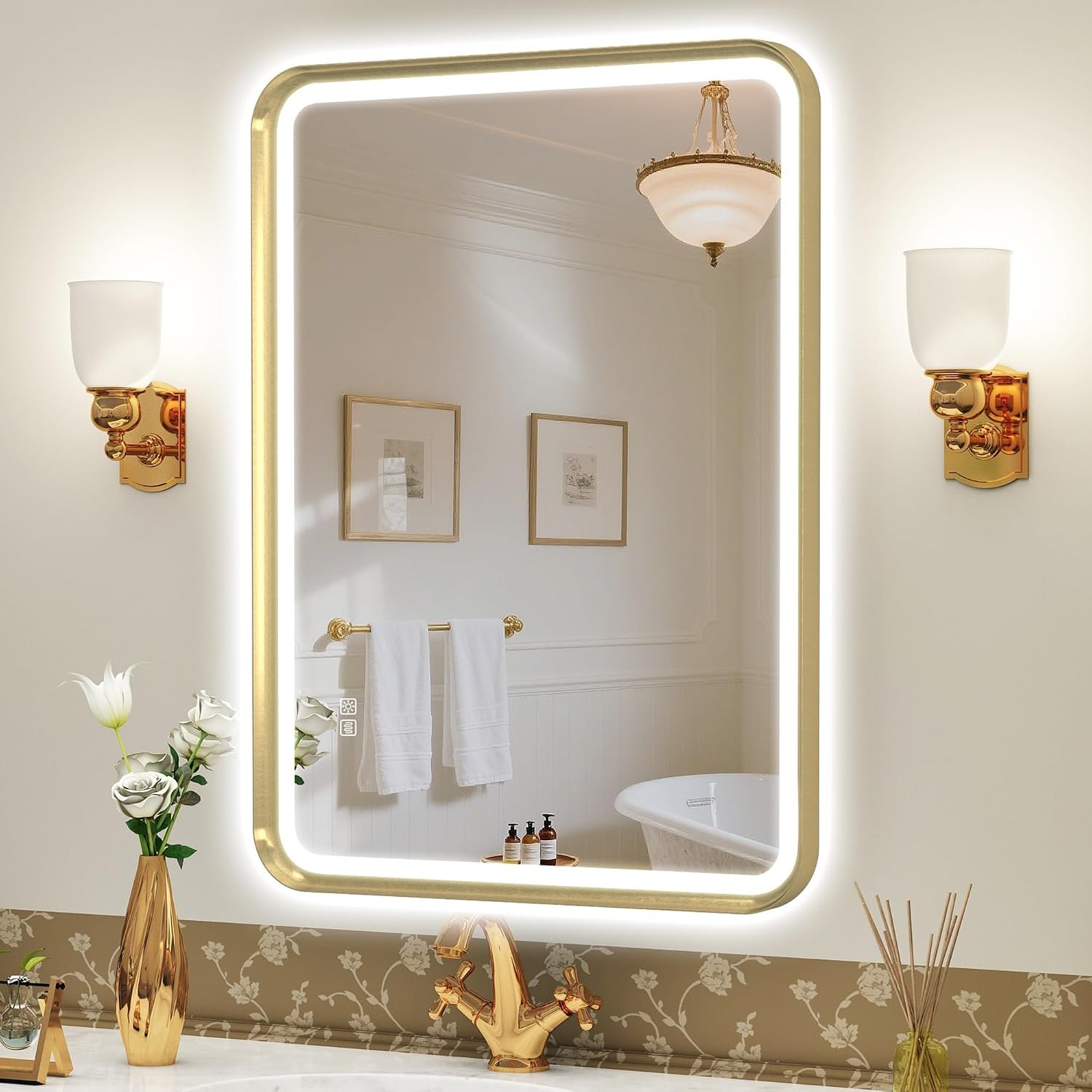 S’bagno 32X24 Gold LED Mirror for Bathroom with Frontlit & Backlit, LED Bathroom Mirror with Metal Frame, Anti-Fog, Stepless Dimmable, 3 Colors Temperature LED Vanity Mirror(Horizontal/Vertical)