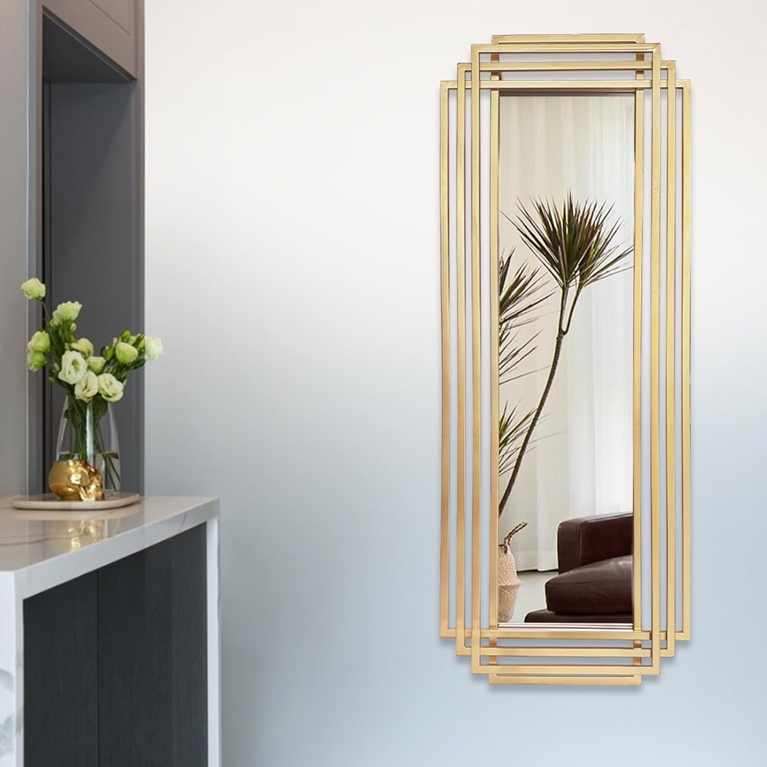 42″x16″ Rectangle Decorative Mirror with Gold Metal Frame | Geometric Design, HD Mirror, Horizontal/Vertical Hanging, Elegant Art Deco Wall Mirror for Entryway, Bedroom, Living Room