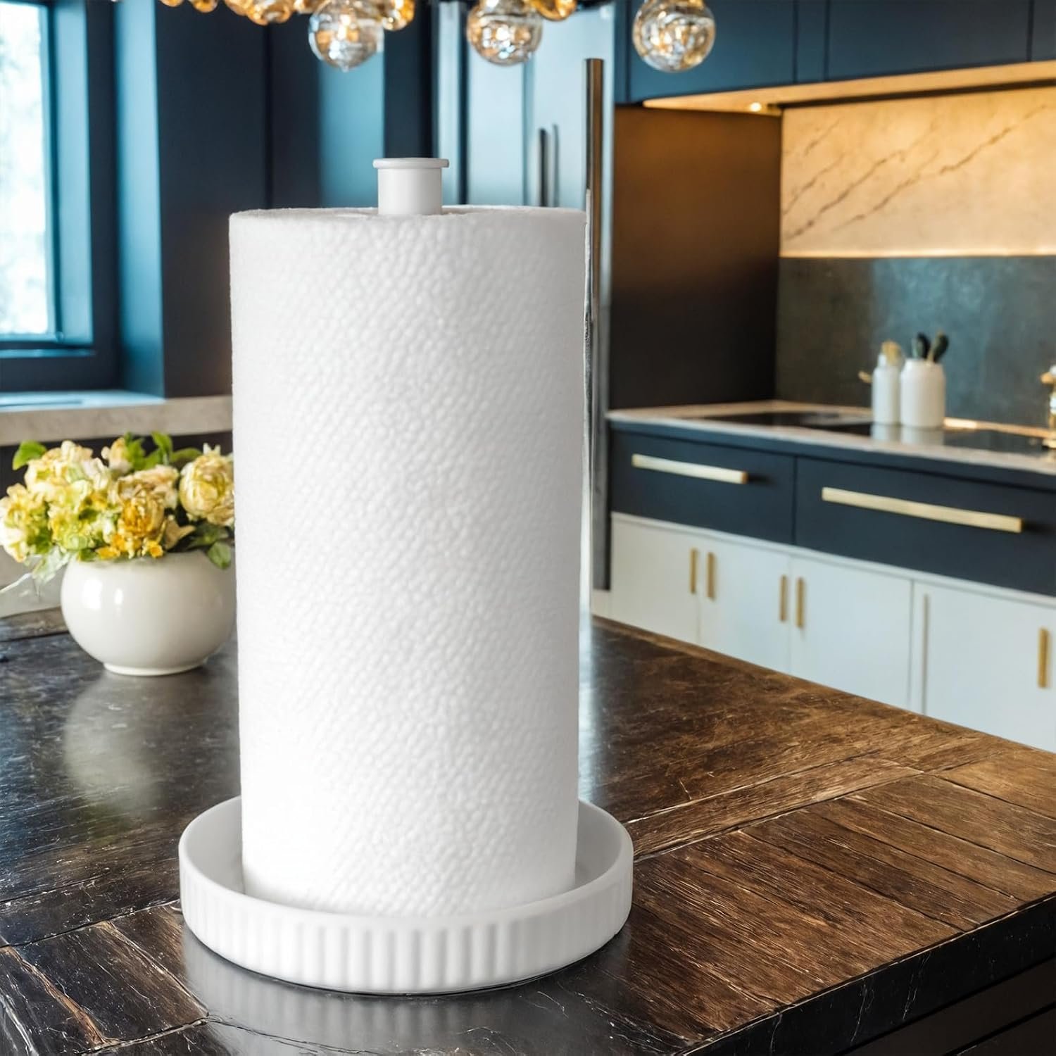 Paper Towel Holder Countertop,Ceramic Base,Fits Double to Family Rolls,A | Easy-to-Clean,1.5 lbs Weight,7″ B x 12.5″ H,Stable and Durable Kitchen Freestanding Roll,White Home Essentials,Good Gift