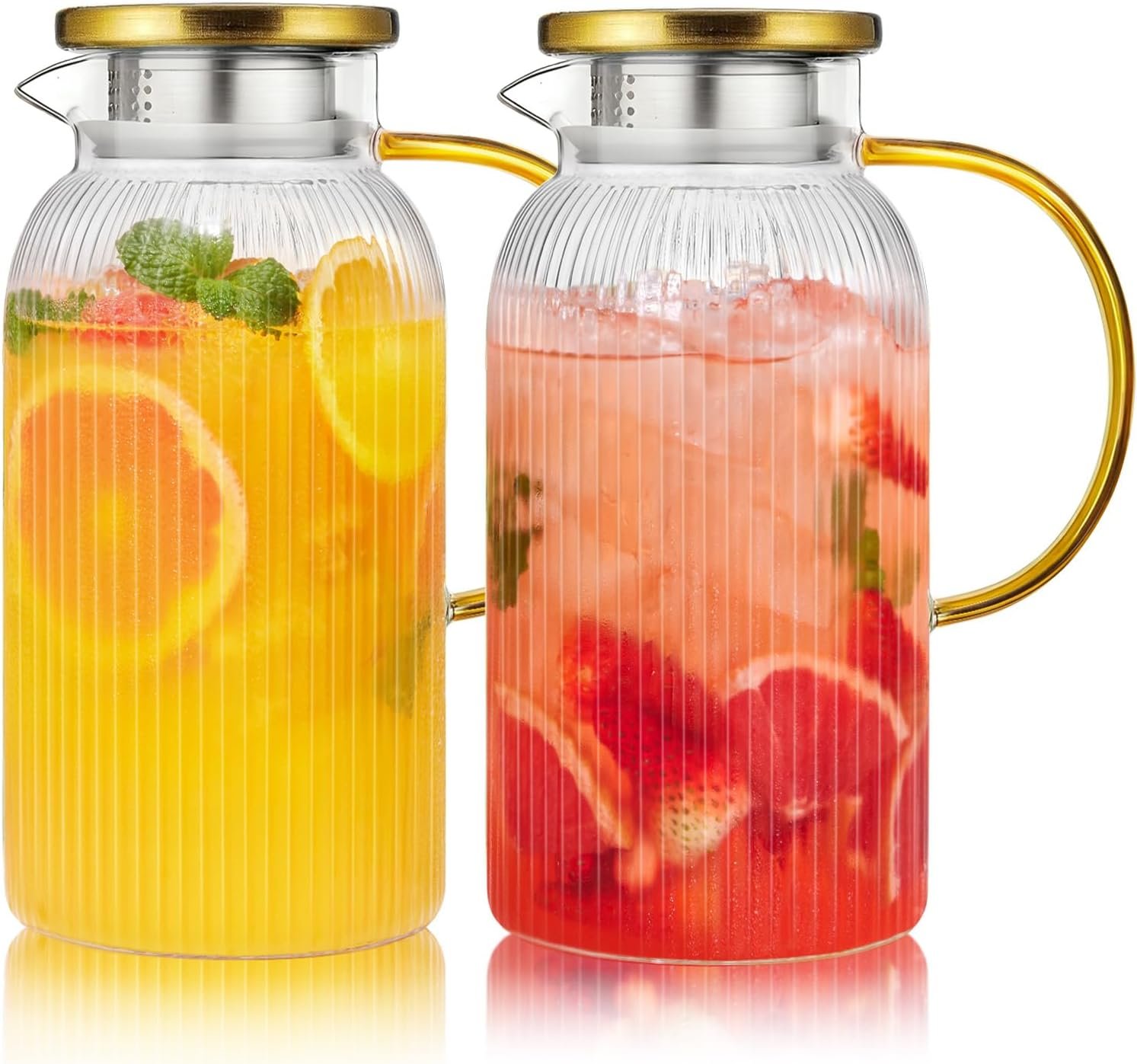 2 PACK Glass Pitcher with Lid 64 oz, Classic Vertical Stripes Pitcher with Lid and Handle, Water Jug for Hot/Cold Drinks, Borosilicate Glass Carafe for Coffee, Iced Sun Tea, Juice, Sangria