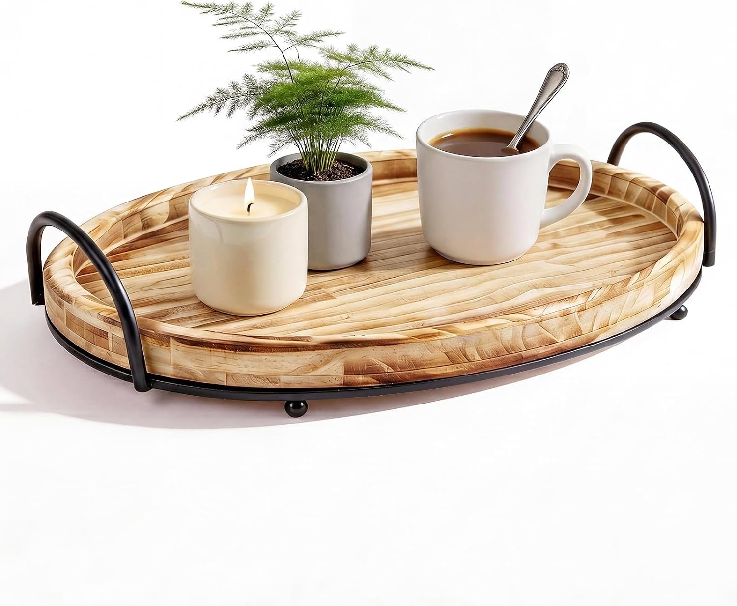 14.5″ x 10″ Round Wood Serving Tray with Metal Handles | Decorative Farmhouse Style Tray, Multi-Functional Circle Wooden Tray for Living Room Countertop and Coffee Table