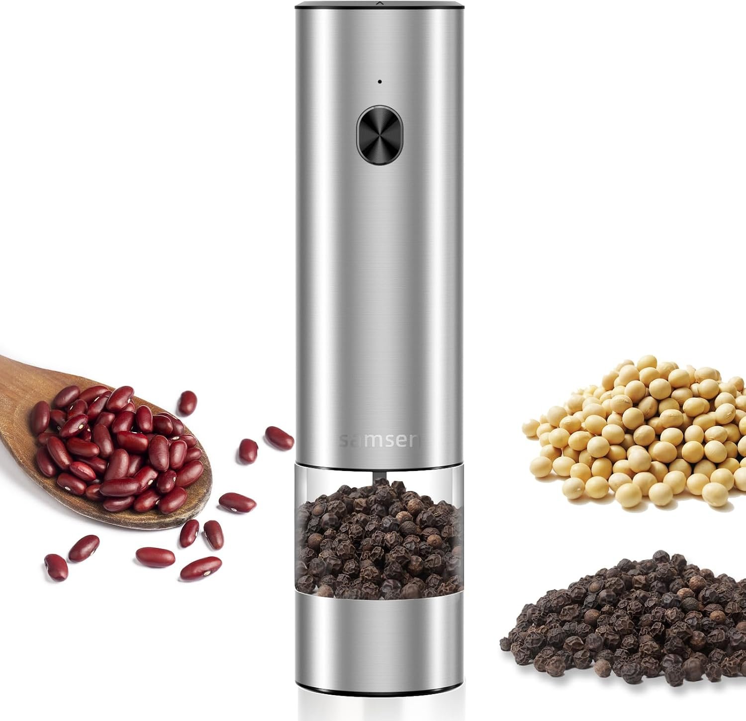 Electric Pepper Grinder & Salt Mill – Battery Operated Stainless Steel Body with Transparent Container LED Light One-Hand Operation Push-Button Switch Adjustable Coarseness Easy Refill & Clean | Side-button switch, stainless steel body, 70ml transparent container, LED light, adjustable coarseness, easy refill & clean
