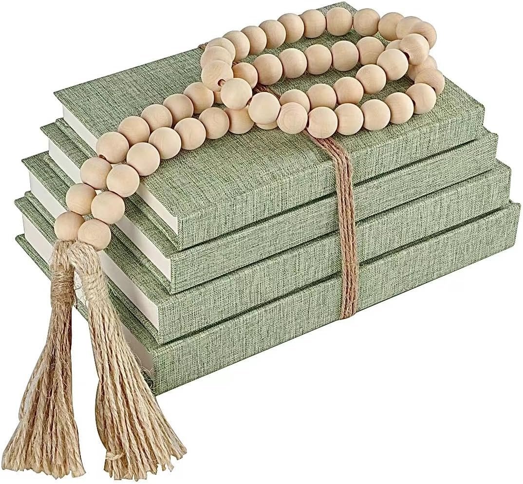 Linen Decorative Books for Home with Wood Beaded Tassel, 4-Piece Sage Set | Coffee Table Books, Neutral Linen Decor, Rustic Farmhouse Boho Accent, Bookshelf Fireplace Mantel Living Room Display