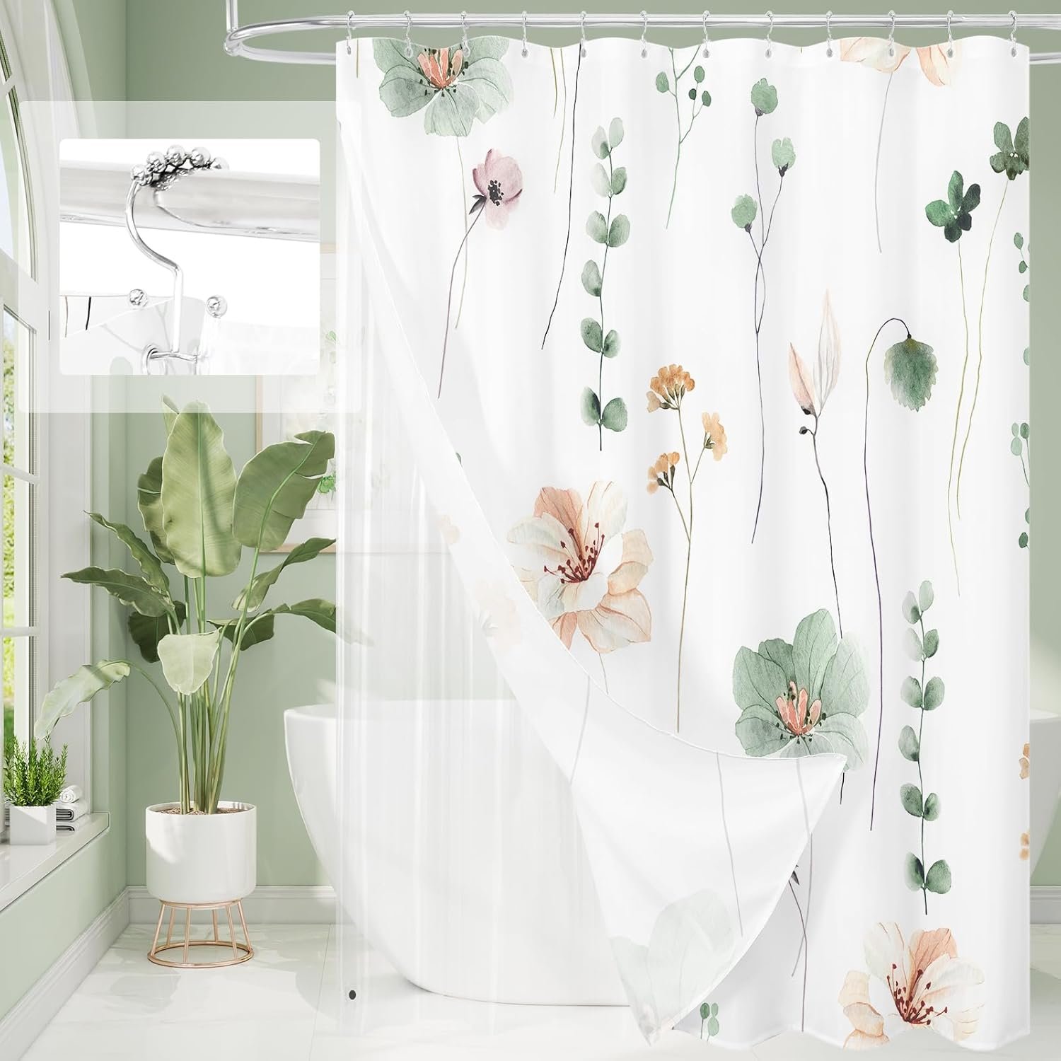 Gibelle 3 in 1 Shower Curtain Set, Sage Green Watercolor Floral Bath Curtain and PEVA Liner Set with 12 Double Sided Steel Hooks, Waterproof Fabric Bathroom Curtain 72×72