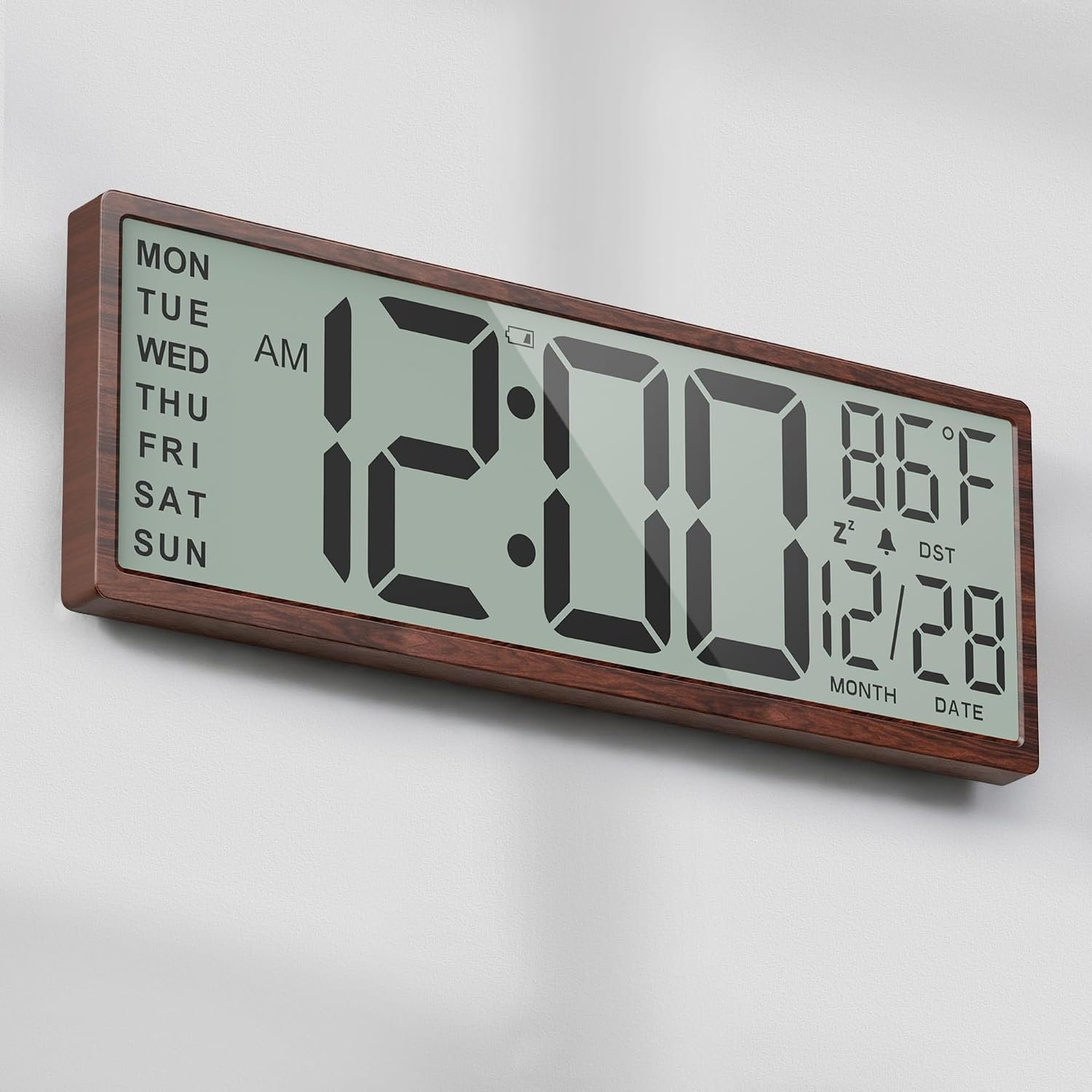 Digital Wood Wall Clock with Battery Operated, 15″ Digital Clock Large Display with Date and Day of Week, Large Number with Temperature, Auto DST, Alarm, Snooze, 12/24-hour for Desk Office