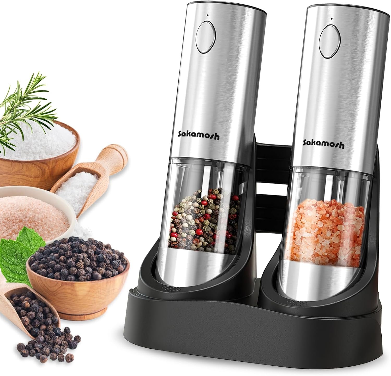 SAKAMOSH Salt & Pepper Grinder Set with Rechargeable Base | One-Hand, LED Light, 6 Adjustable Coarseness, Upgraded 95ml large capacity, Stainless Steel, Ideal Gifts