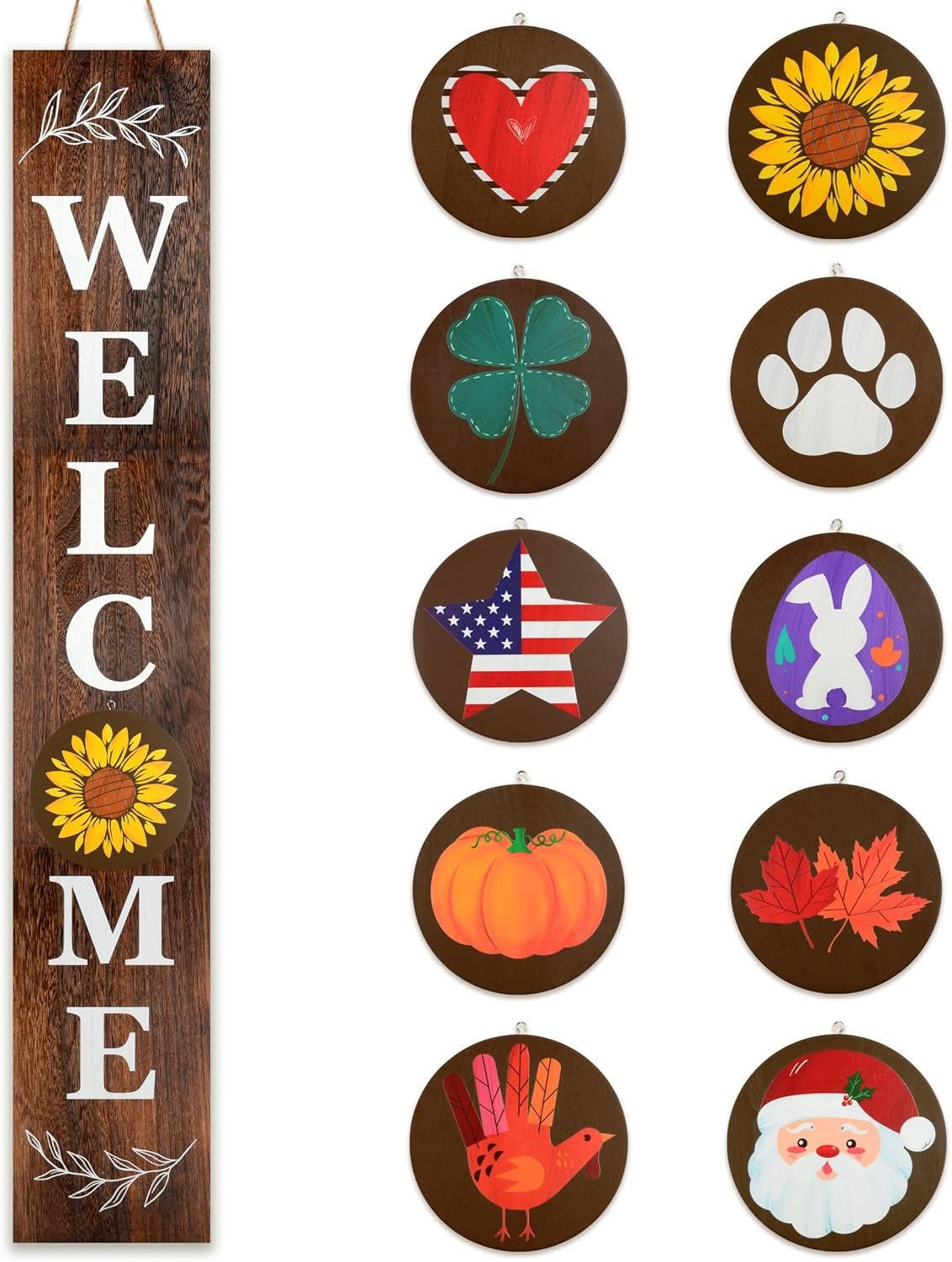Perfnique Interchangeable Welcome sign for front porch standing, 47 x 7.9 Inch Black Wooden Leaner Sign with 10 Interchangeable Designed Icons, Morden Farmhouse Rustic Seasonal Decor for Spring