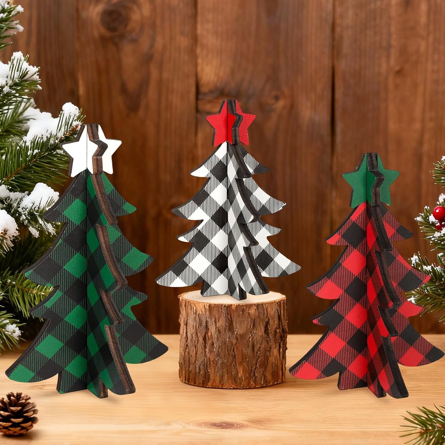 3 Pcs Wooden Christmas Trees Tabletop Decor Rustic Merry Christmas Centerpieces for Tables Xmas Centerpiece for Tiered Tray Winter Home Office Farmhouse Decor