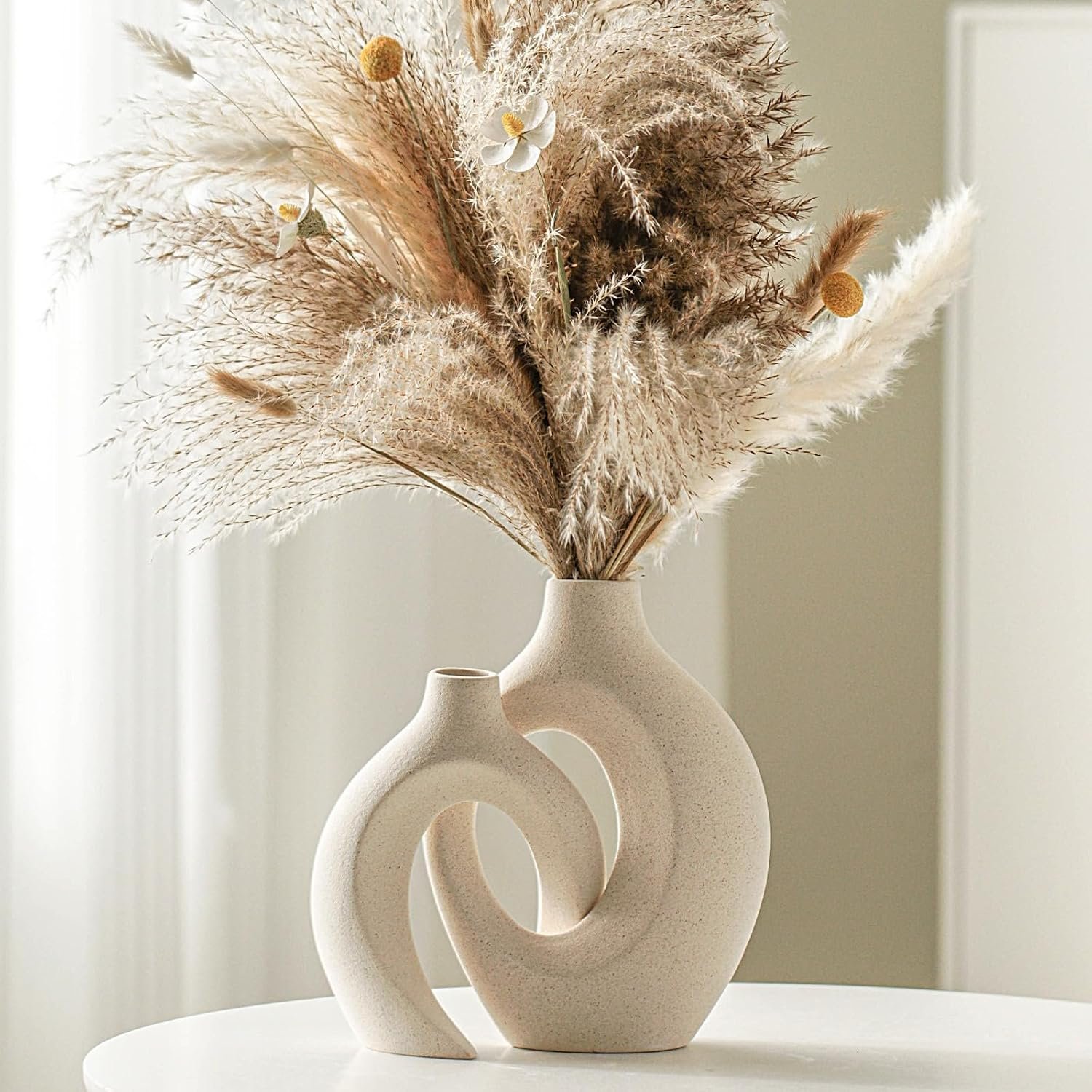 Lvases Snuggle Hollow Ceramic Vase Set of 2, Nordic Modern Boho Style Vase | Decorative Aesthetic Flower Vases for Home Decor coffee Table Centerpiece Dining Living Room (Milky White W 6.3″ X H 8.4″)