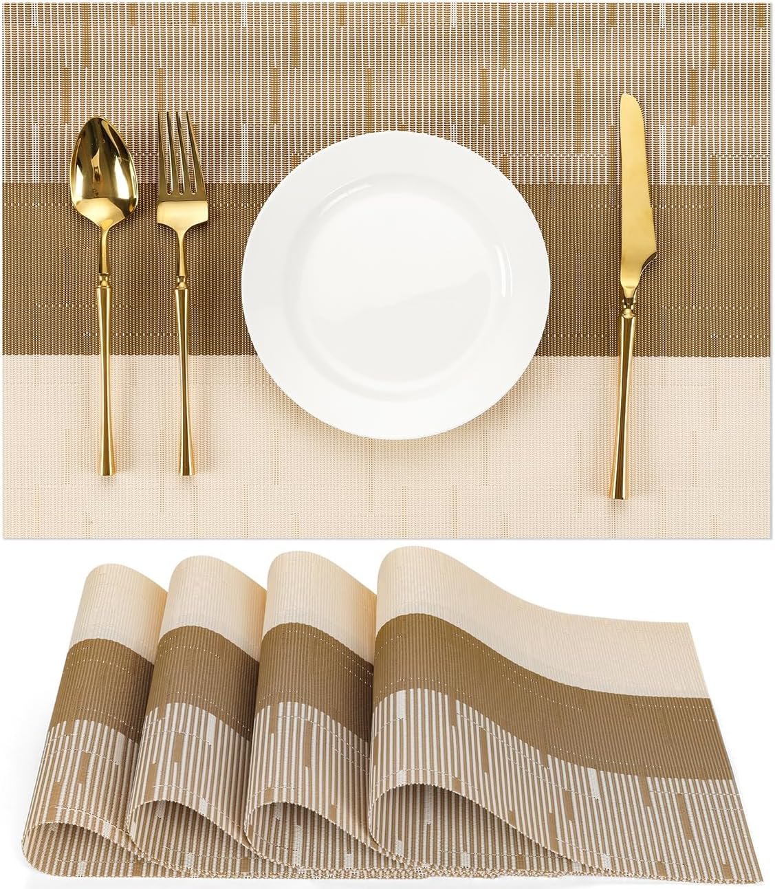 Placemats Set of 4, Vinyl Woven Heat-Resistant Place Mats | Washable Wipeable PVC Table Mats, Non Slip Placemat for Kitchen Dining Indoor Outdoor Table (Beige Light Brown, Set of 4)