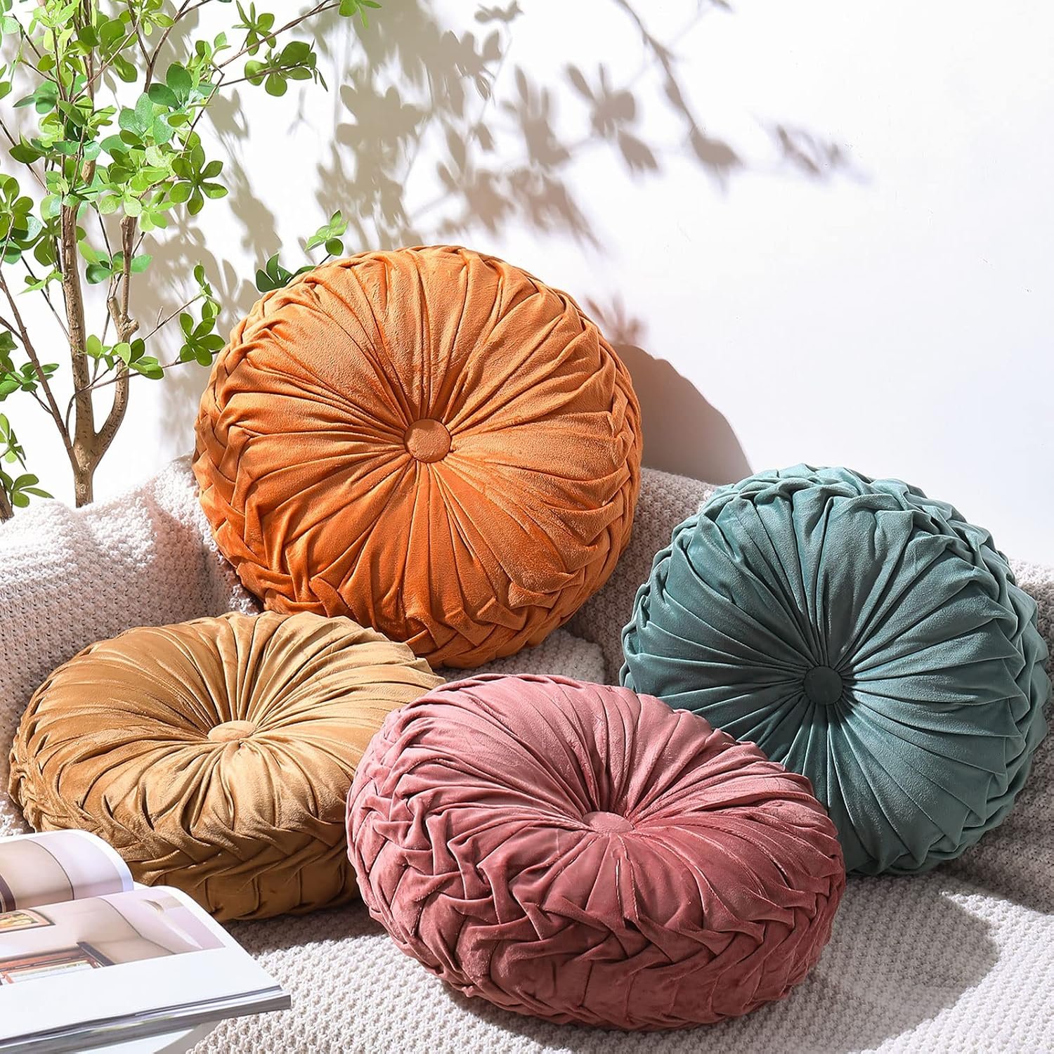 Kathfly 4 Pcs Decorative Round Pleated Throw Pillows, Classy Velvet Pumpkin Round Throw Pillows, Decorative Floor Pillow for Bed Chair Home Sofa Decor, 14″ Diameter (Orange,Yellow,Pink,Green)