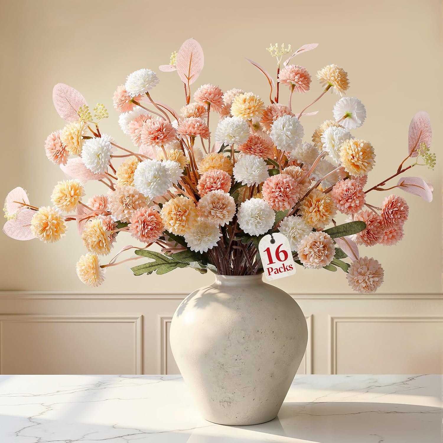 Alupssuc 16 Pcs Faux Silk Mums with Eucalyptus, Fake Chrysanthemum for Vase | 4 Soft Colors, Bendable Stems, Pet Safe & Unscented, No Water No Wilting, for Dining Table Centerpiece Living Room Decor