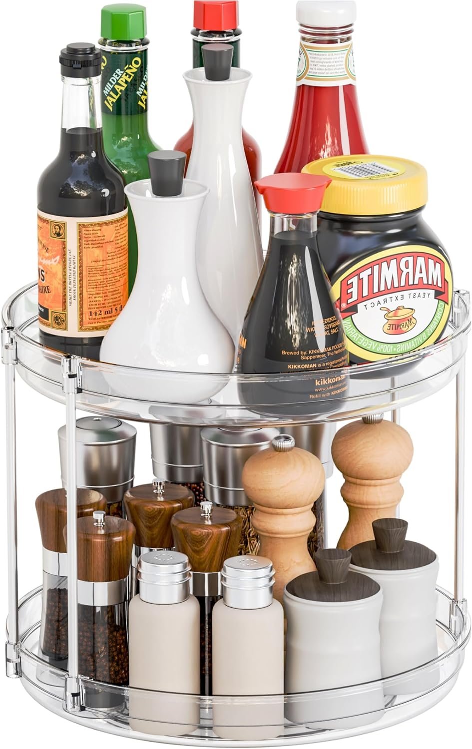 2 Tier Lazy Susan Turntable for Cabinet,Countertop,Pantry,9.5″W Spinning Seasoning Organizer,Double Rotating Kitchen Spice Rack Organizer and Condiments,Medicine,Vitamin Bottle Organizer Carousels,1Pc
