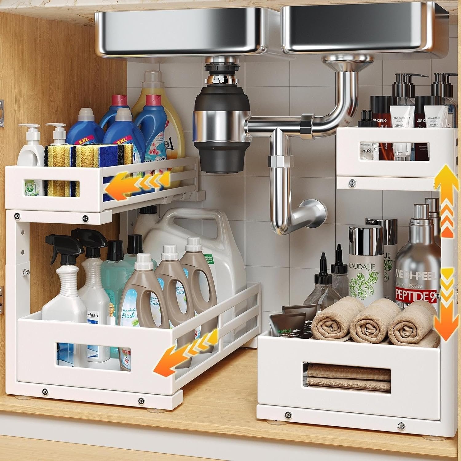 L-Shaped Metal Under Sink Organizer, 2-Tier Double Pull-Out Cabinet Organizer for Kitchen & Bathroom Storage, Height Adjustable, Smooth Cylinder Rail, White, 2 Packs