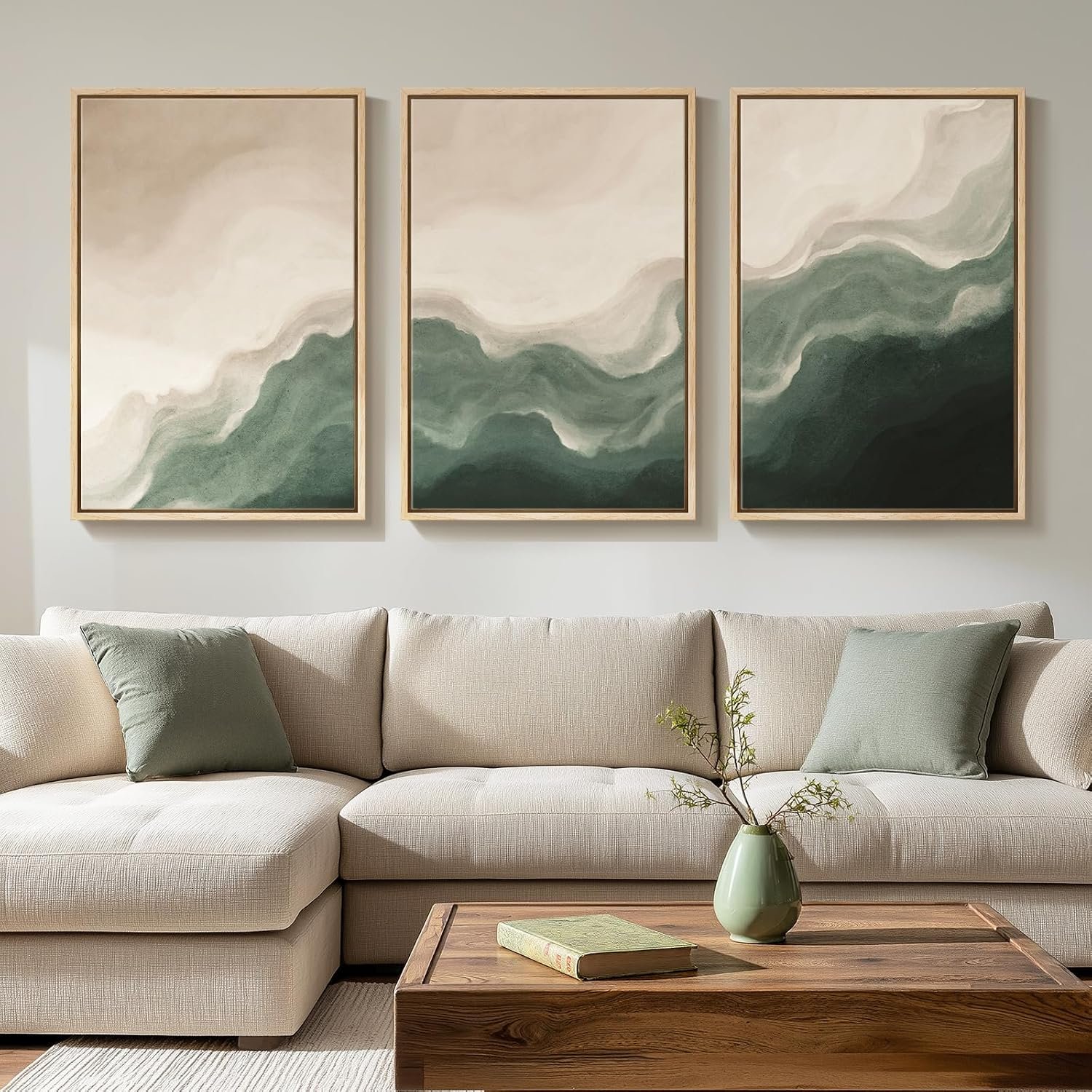 Large Framed Green and Beige Abstract Wall Art Set of 3, Modern Neutral Canvas Prints Paintings Artwork for Walls, Minimalist Abstract Pictures for Living Room Dining Room Bedroom Wall Decor 20×30 In