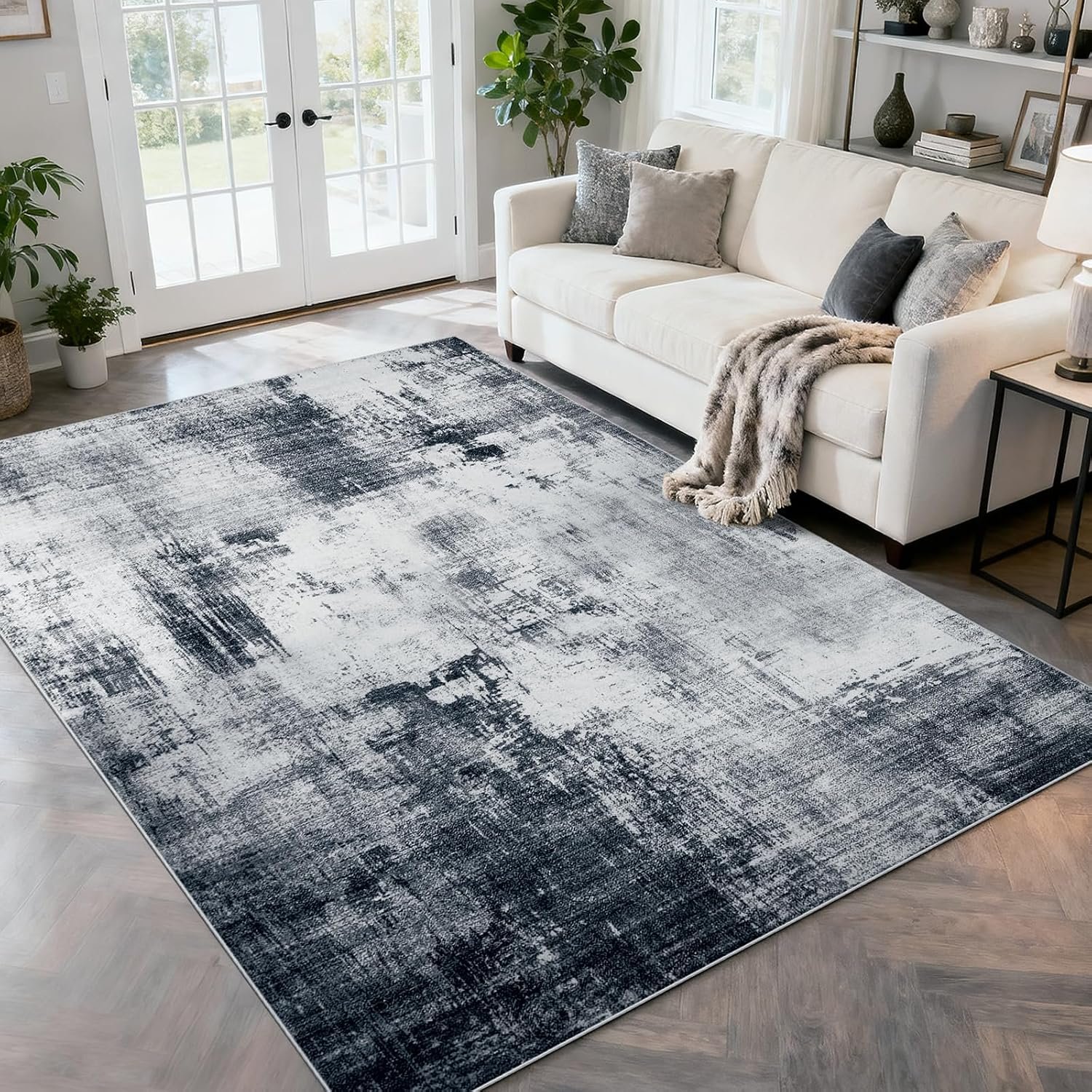 Area Rug 5×7 Living Room Rugs, Modern Abstract Washable Rug,Non-Slip Stain Resistant Carpet for Entryway Bedroom Dining Room Farmhouse Nursery Home Office-Abstract Blue Gray