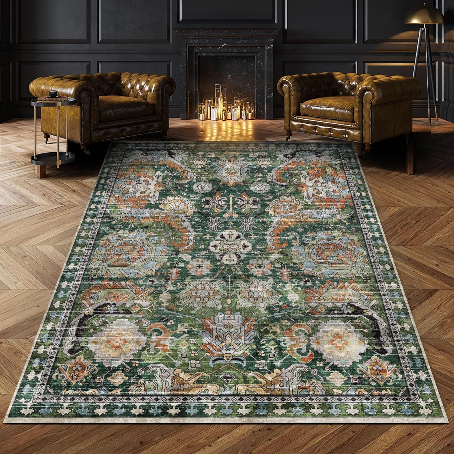 Washable Area Rugs – Perfect for Living Room, Bedroom, Kids Room, Nursery – Stain & Water Resistant Non-Slip, Pet & Child Friendly, Vintage Tribal Area Rugs (Green, 3′ x 5 ‘)