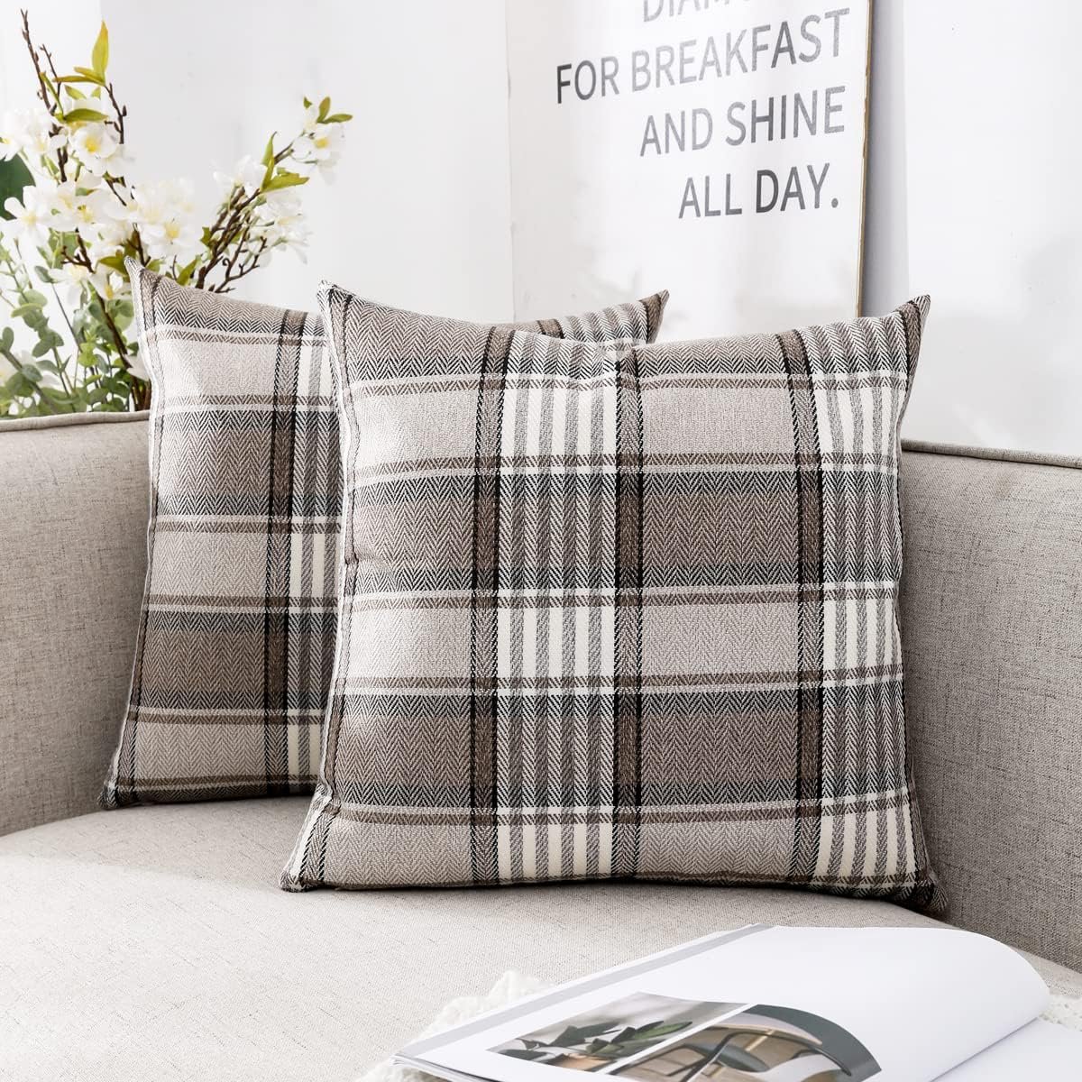 Farmhouse Brown Plaid Pillow Covers 18×18, Cottage Core Decor for Couch Bed | Set of 2, Fall Winter Decorative Accent Throw Pillow Cover 18 x 18, Vintage Neutral Rustic, Brown Tan Khaki Gingham Checkered