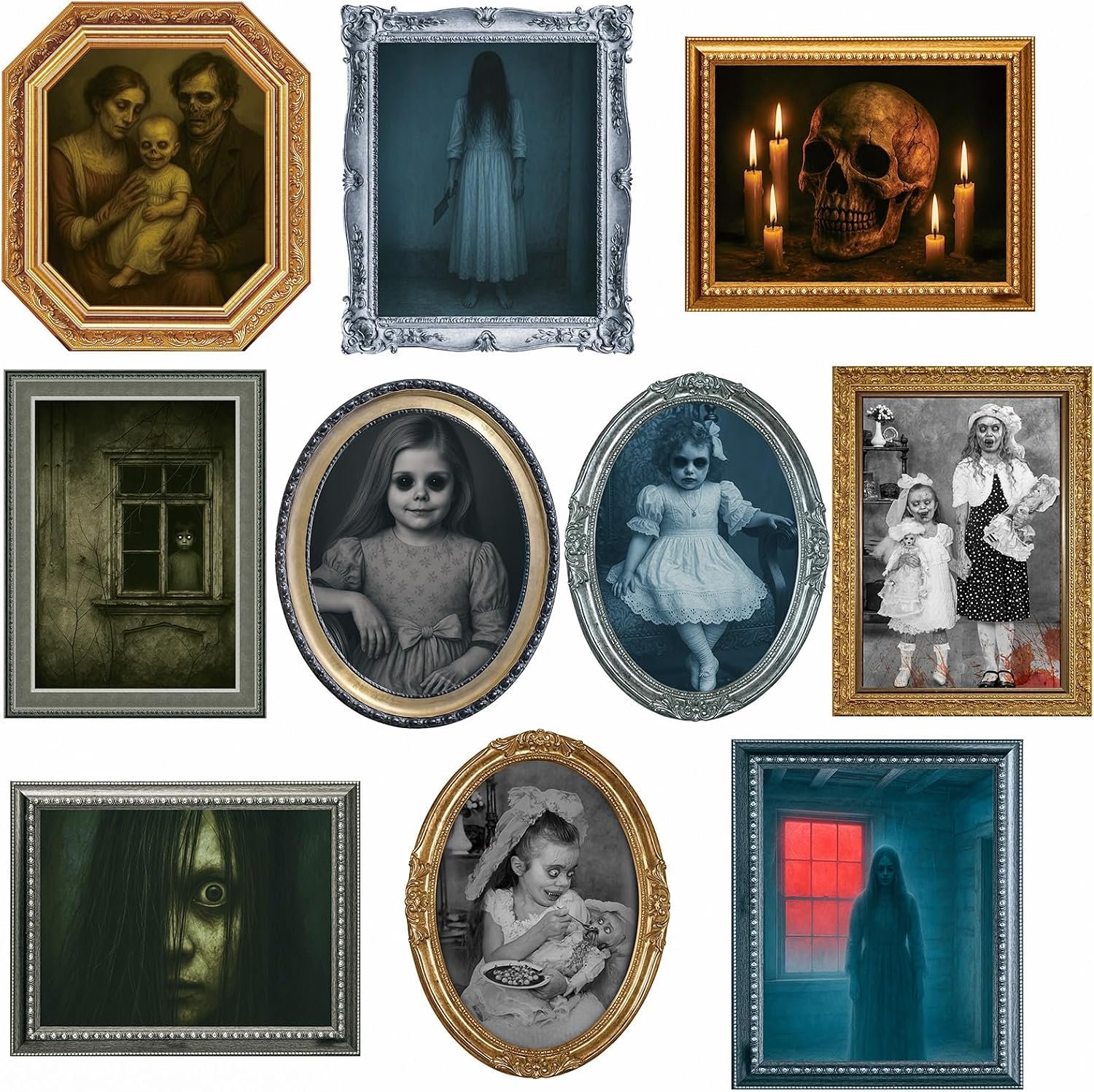 Halloween Decorations Indoor Scary Wall Decor, 10Piece Poster Creepy Frames Portraits Pictures, Gothic Decor Horror Castle Haunted House Mansion Decor Decoration Party Supplies