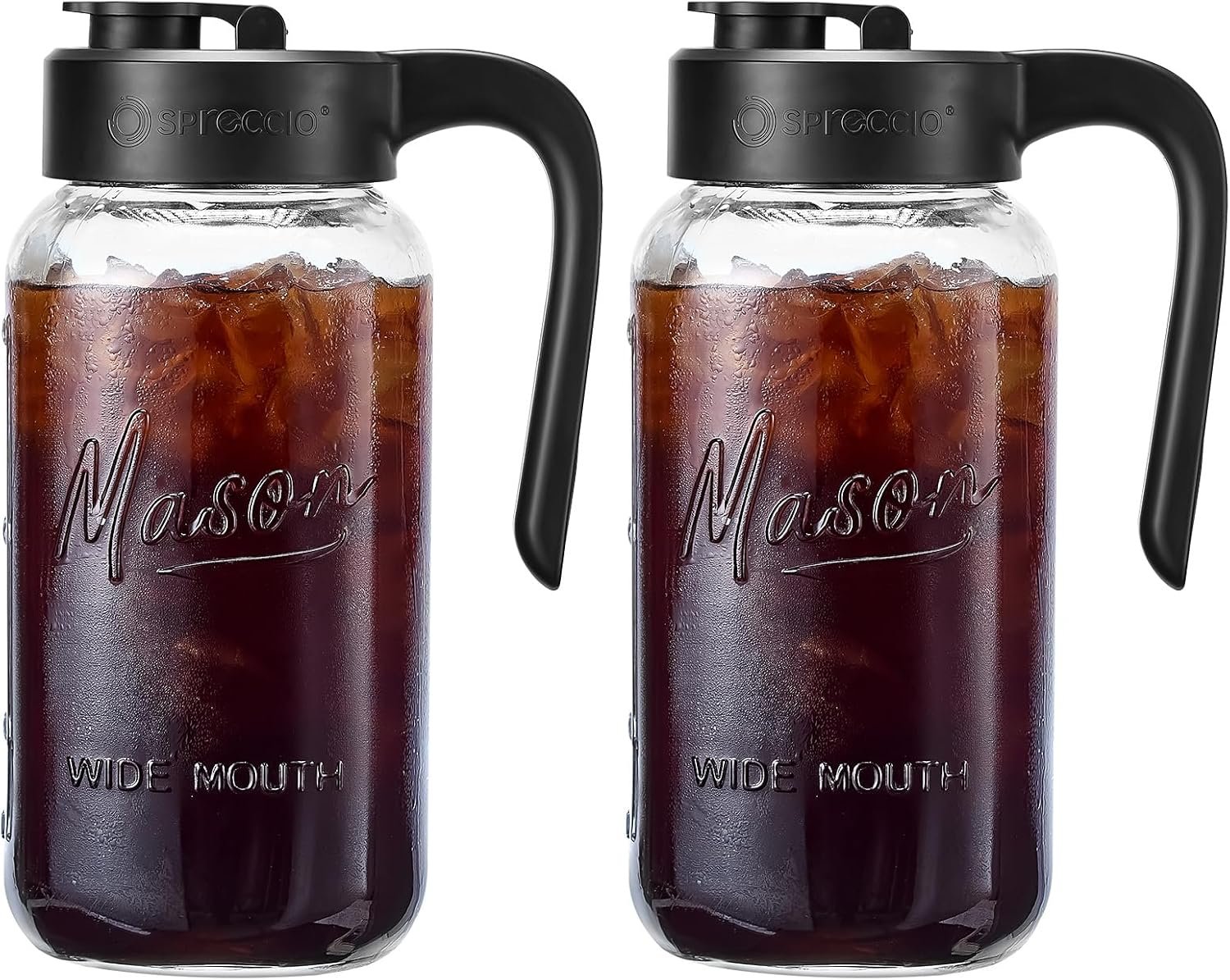 Mason Jar Pitcher, 2 pcs 64 oz (2 quart), Glass Pitcher with Lid | Airtight, Leak proof, Ergonomic Handle, Pour Spout Lid, Fridge Safe, for Sun Tea, Iced Tea, Cold Brew, Lemonade, Outside