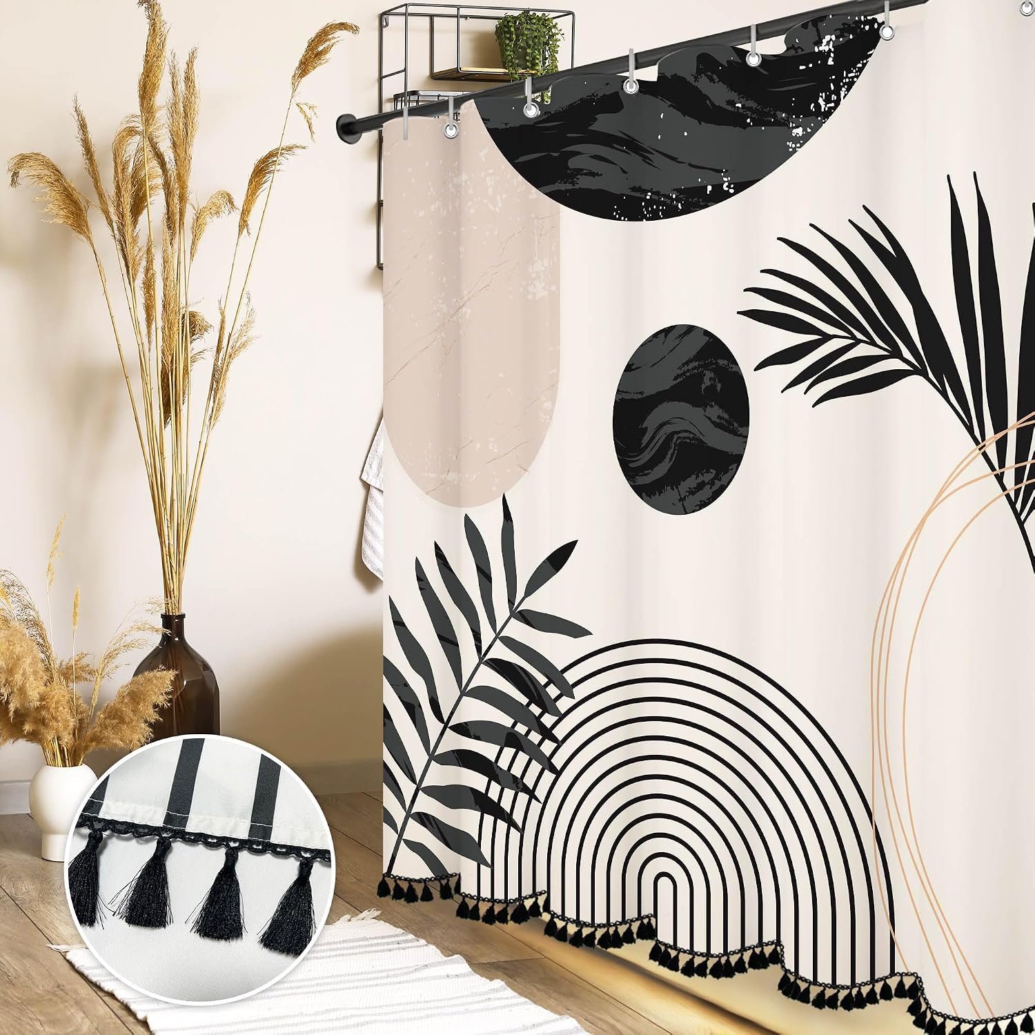 Boho Mid Century Leaf Shower Curtain Set,Arch Sun Design,Minimalistic Leaves Pattern,Waterproof and Luxurious Fabric-12 Hooks(Black and White-72″ x 72″)