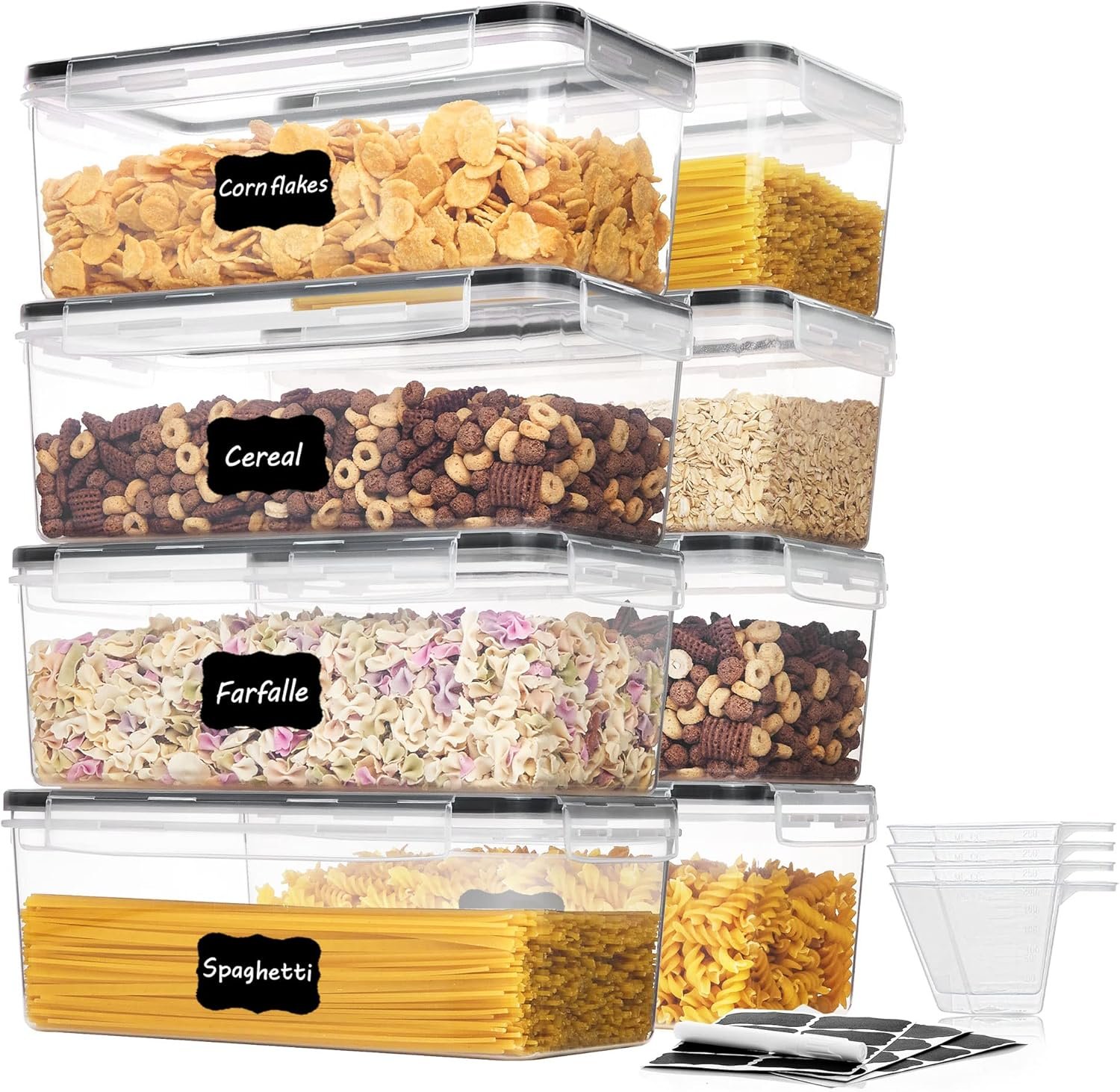 Vtopmart Pasta Storage Containers, 8 Pack, 3.2L Airtight Canisters | Horizonta Storage Design, Easy Access, Airtight BPA-Free Containers, Reusable Labels & Measuring Cups Included