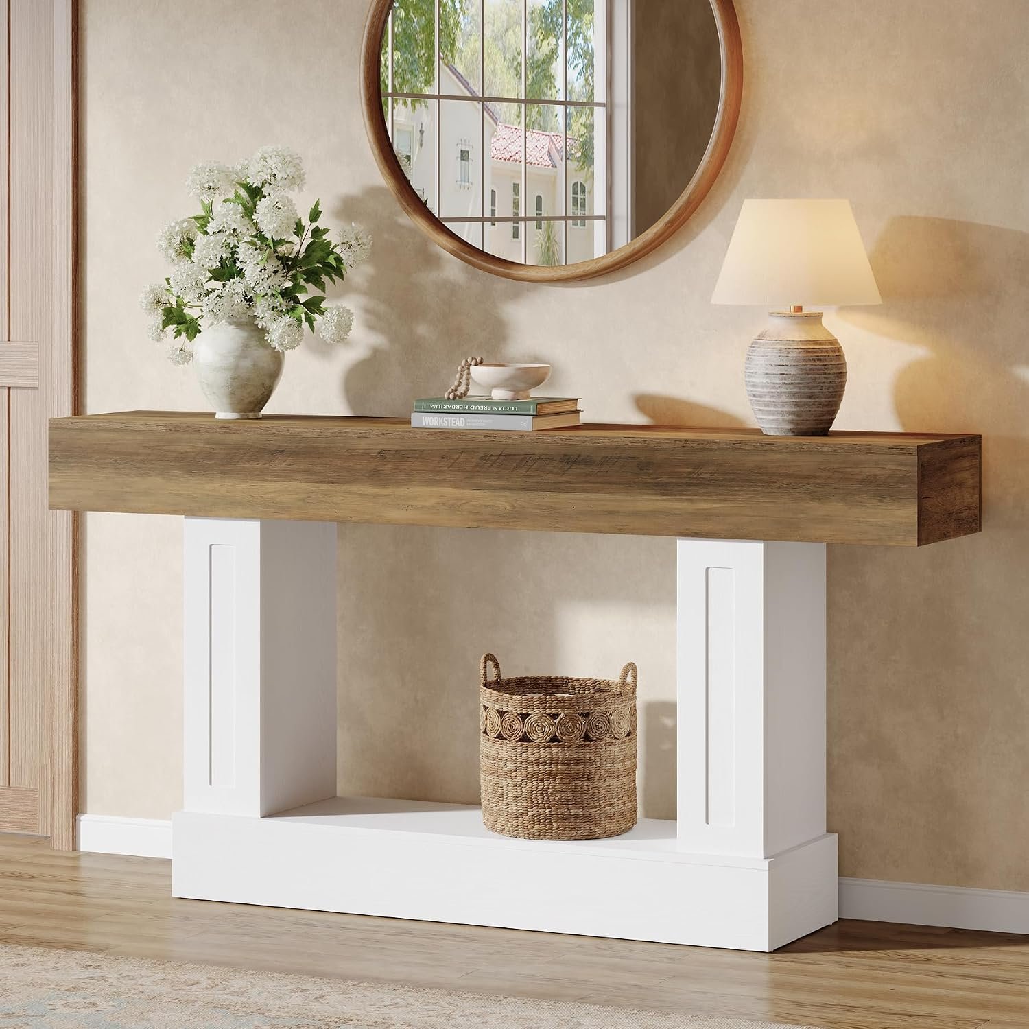 Tribesigns 63-Inch Long Console Table for Entryway | Farmhouse 2-Tier Sofa Table Behind Couch for Living Room, Wooden Entry Foyer Hallway Table with U-Shaped Base