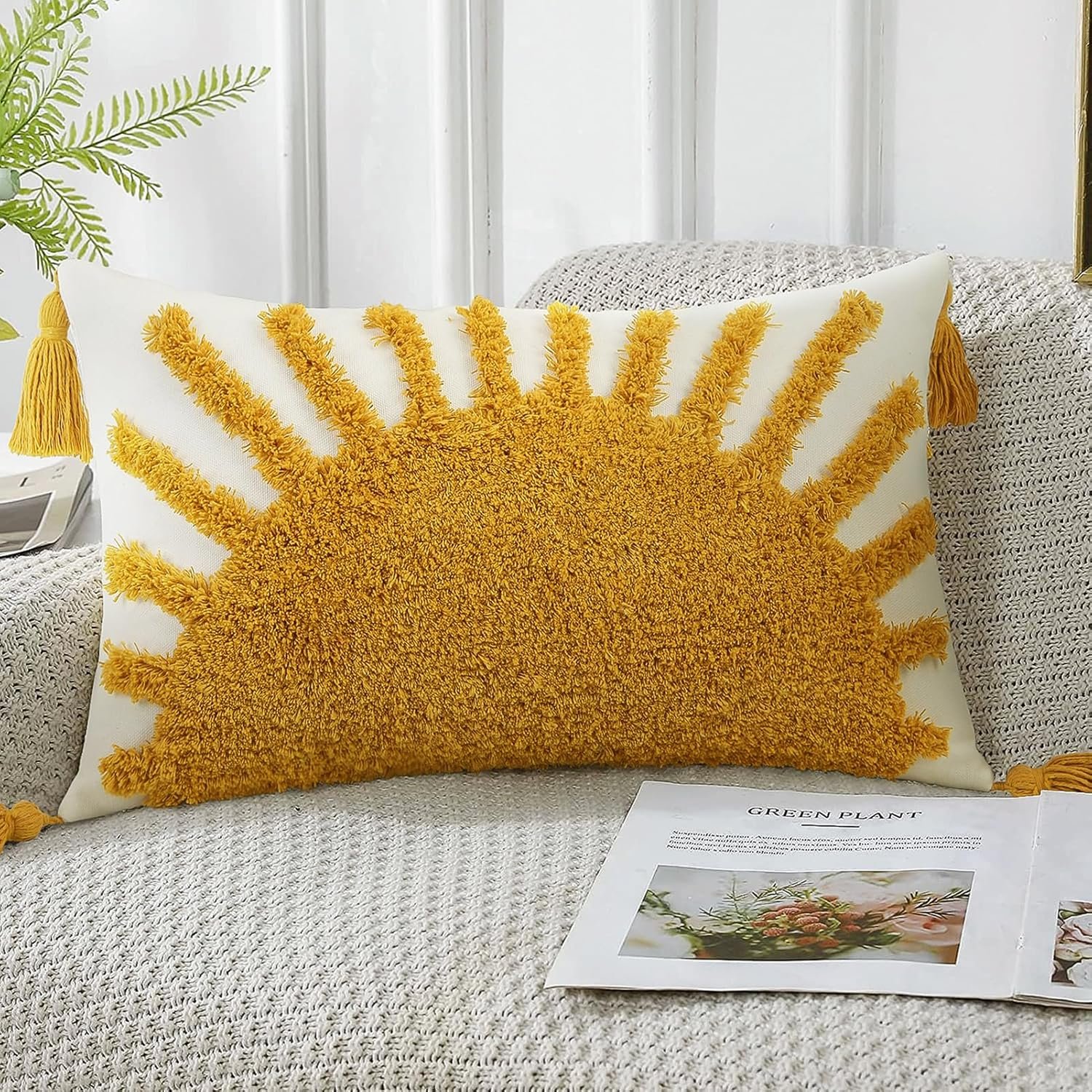 Adabana Decorative Boho Throw Pillow Covers 12×20, Lumbar Tufted Pillows Cover for Couch Bed, Sun Sunshine Pillow Cover for Kids