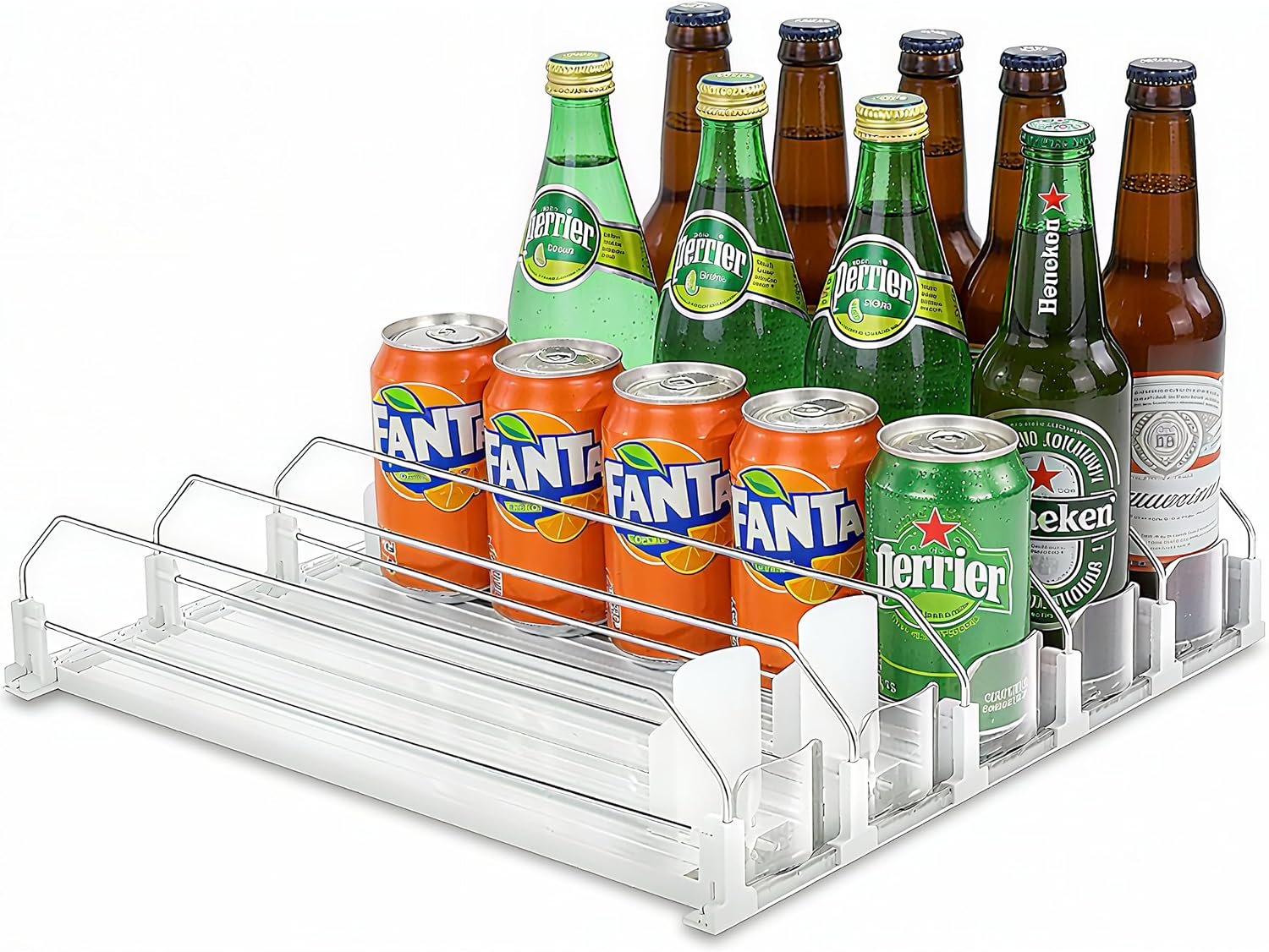 Adjustable White Fridge Organizer, Automatic Can Dispenser & Drink Rack | Holds up to 25 Cans (12oz/16oz/20oz), Gliding Soda & Beer Organizer for Refrigerator – Space Saving Kitchen Storage