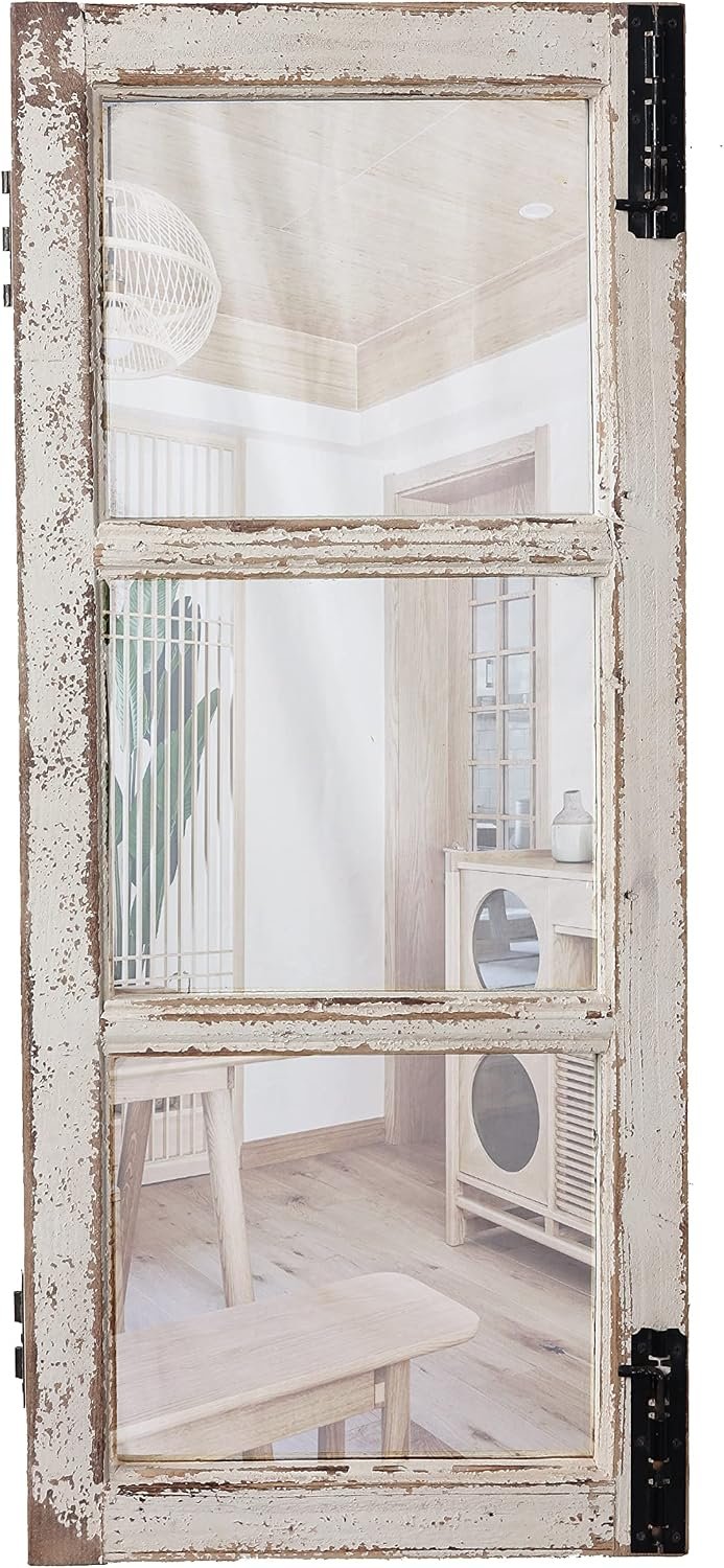 Farmhouse Wood Frame Window Mirror 14″ x 33″, Distressed White | Vertical Hanging, Rustic Rectangular Window Pane Wall Decor, For Living Room Entryway
