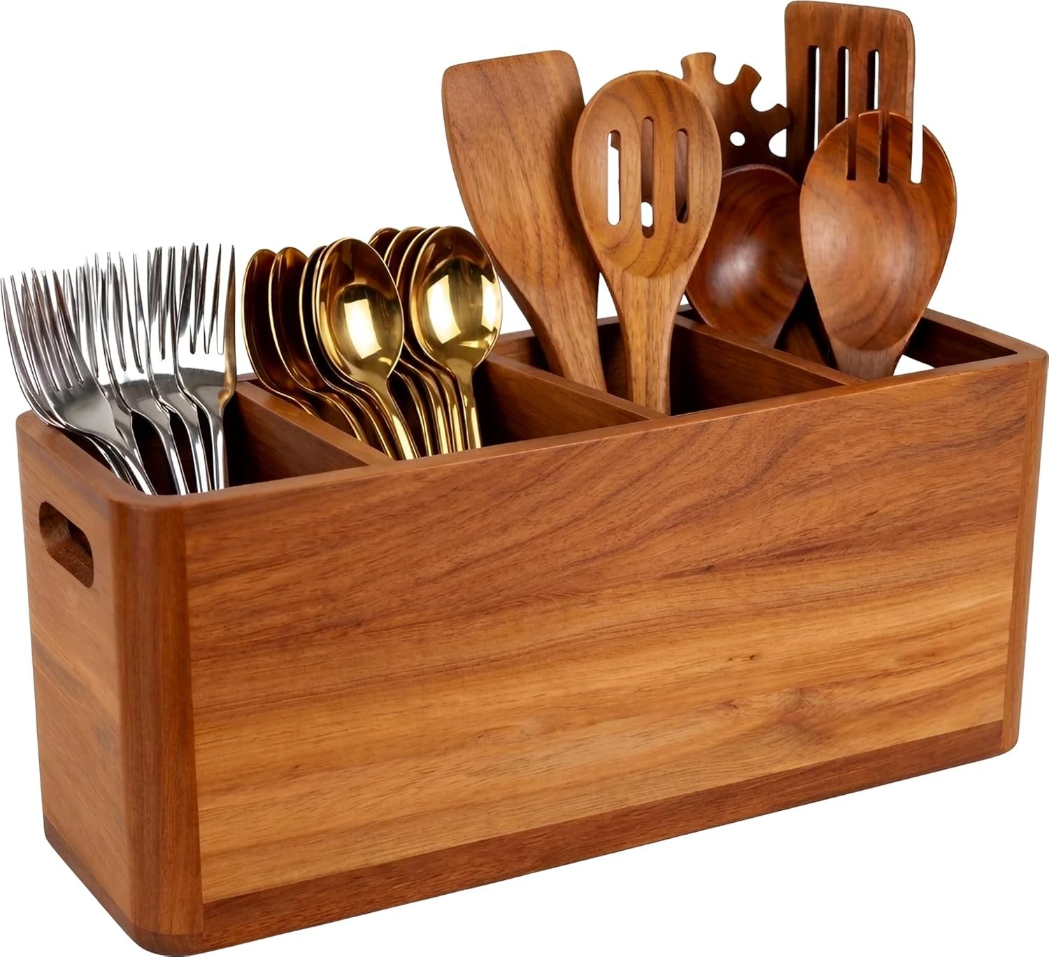Acacia Wood Kitchen Utensil Holder | Extra Large, Removable Divider, Solid Acacia Wood, 4 Compartments, Countertop Organizer, Rustic Style