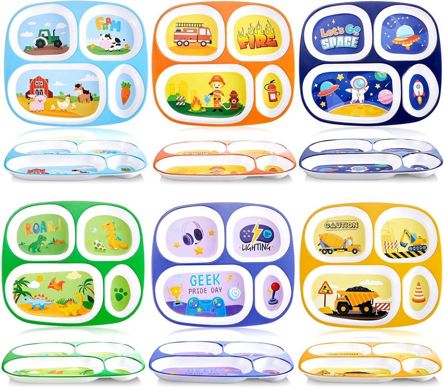 Hushee 6 Pcs 9.4 x 8.2 Inch Kids Plate for Dinner, Cute Toddler Divided Plates for Boys Girls, Plastic Funny Serving Dishes with Construction Dinosaur Firefighter Farm Astronaut Animal