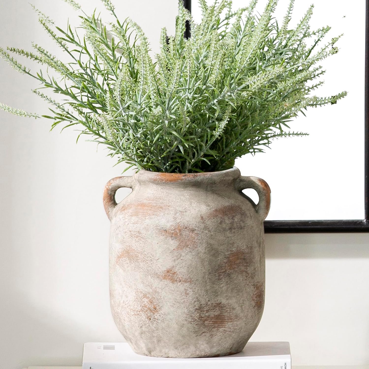 Ceramic Flower Vase Home Decor – 7.6 Inch Farmhouse Rustic Table Vases with Handle Living Room Decoration Decorative Vintage Pottery for Kitchen Shelf Coffee Dining Bookshelf Fireplace Centerpiece