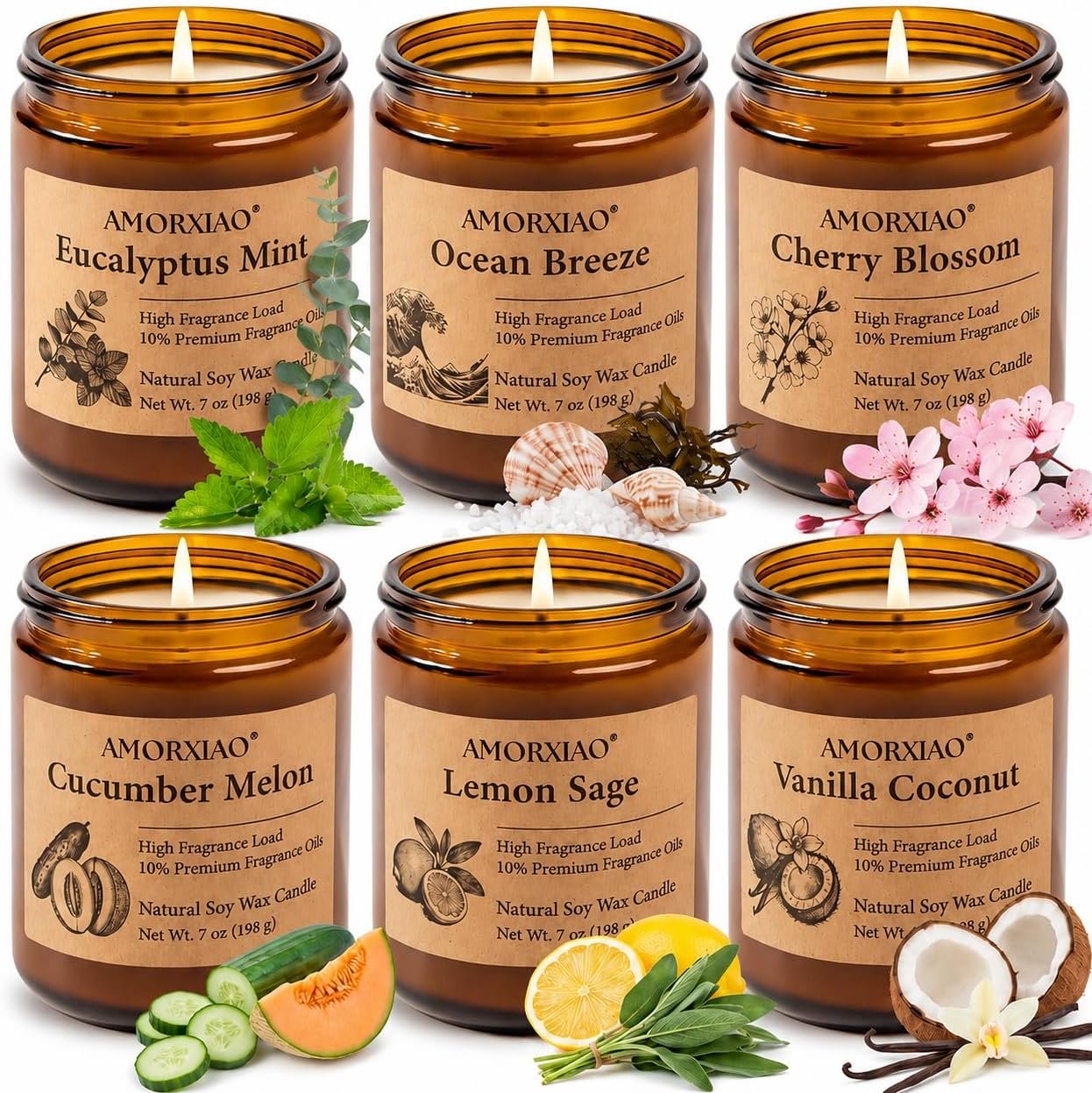 6 Pack Scented Candles for Home Scented: 42oz Soy Candles for Women Men | 300H Burning Aromatherapy Candle Set, Jar Candle Gift Set for Birthday, Scents of Eucalyptus/Sage/Cherry/Ocean/Melon/Vanilla