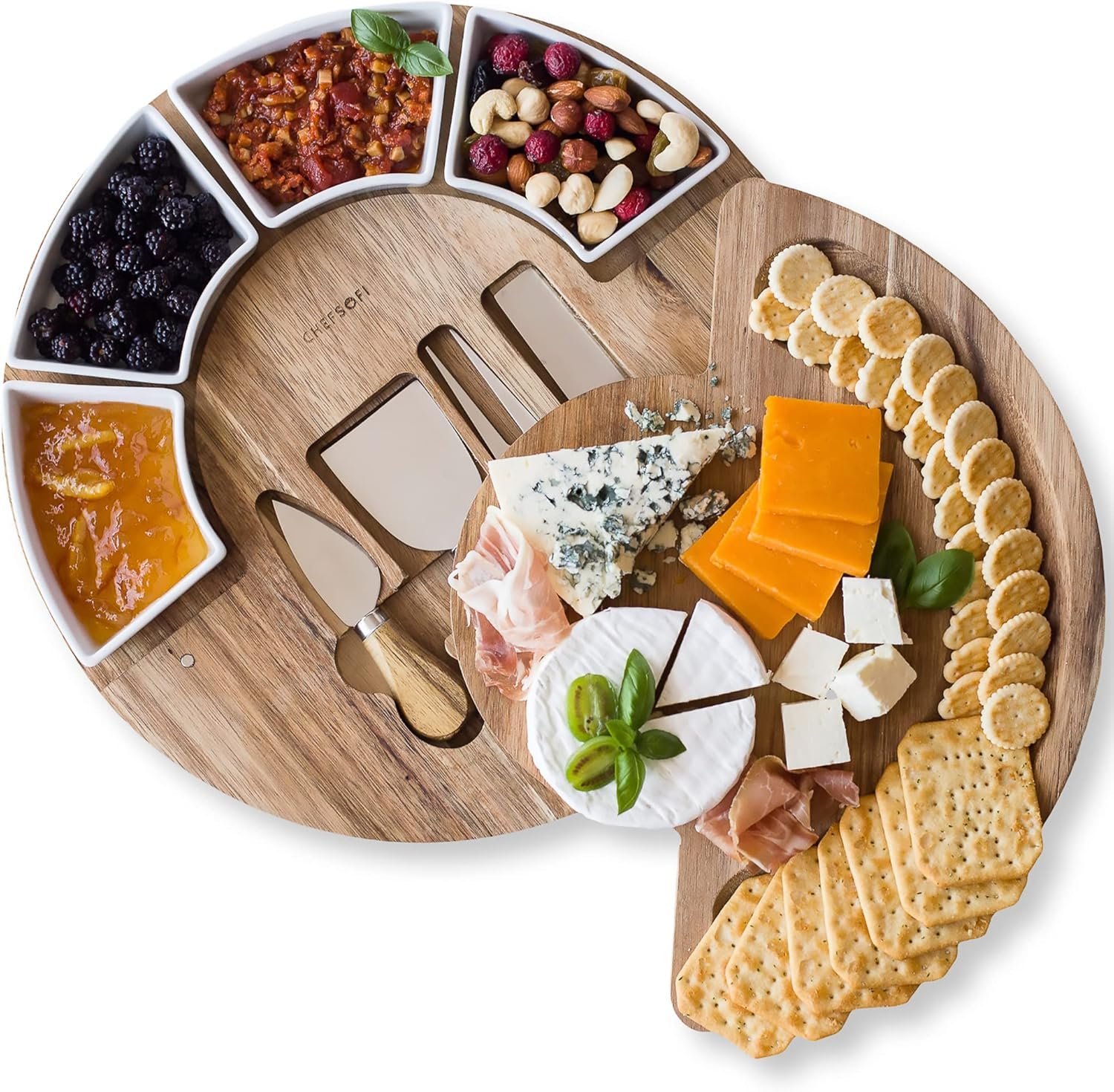 ChefSofi Charcuterie Board Set and Cheese Serving Platter – Made from Acacia Wood – US Patented 13 inch Cheese Board and Knife Set for Entertaining and Serving – 4 Knives and 4 Bowls