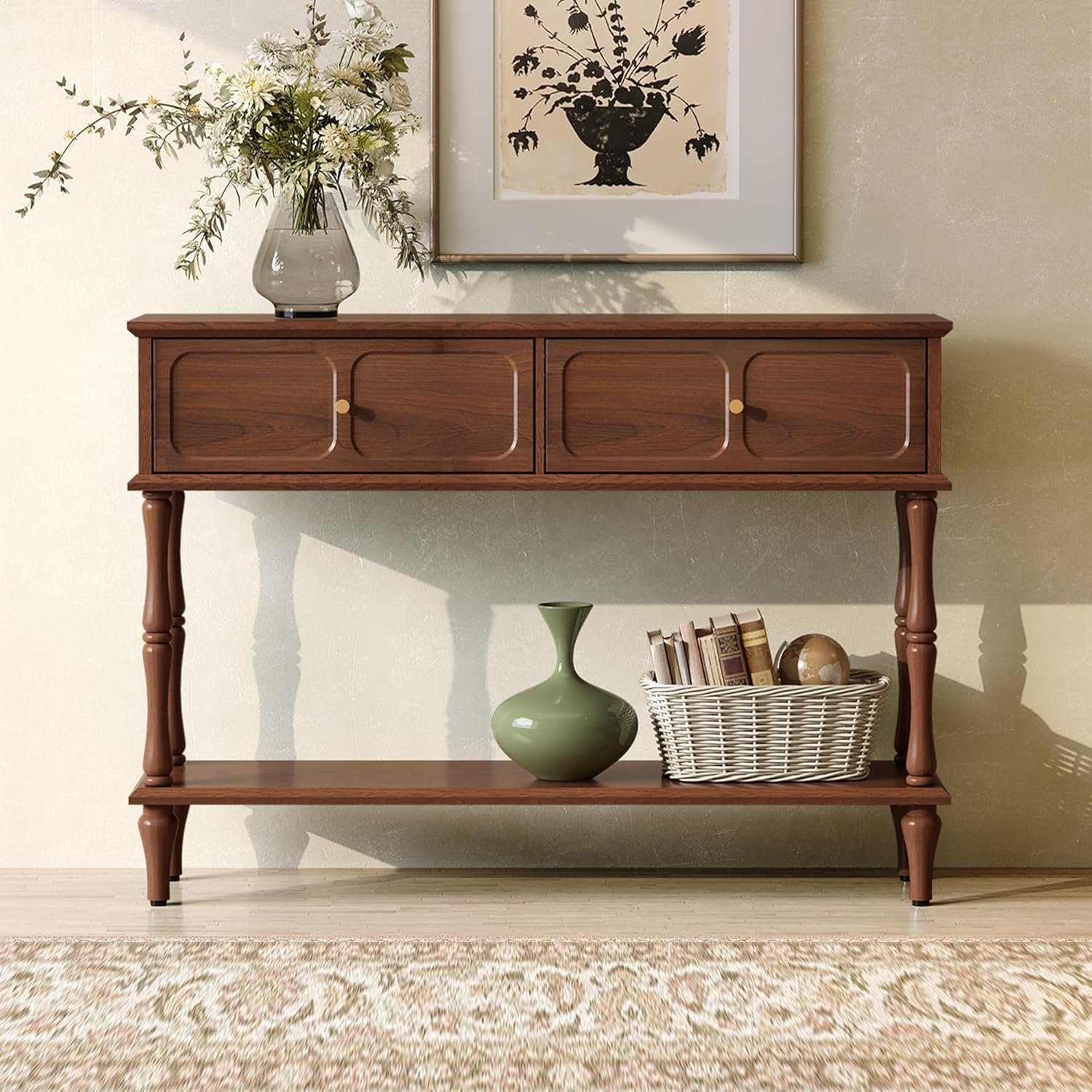 ARTPOWER 47″ Mid-Century Console Table, 2 Drawers and Open Shelf, Brown | Entryway Table with Storage, Narrow Behind Couch Table for Living Room, Foyer, Hallway