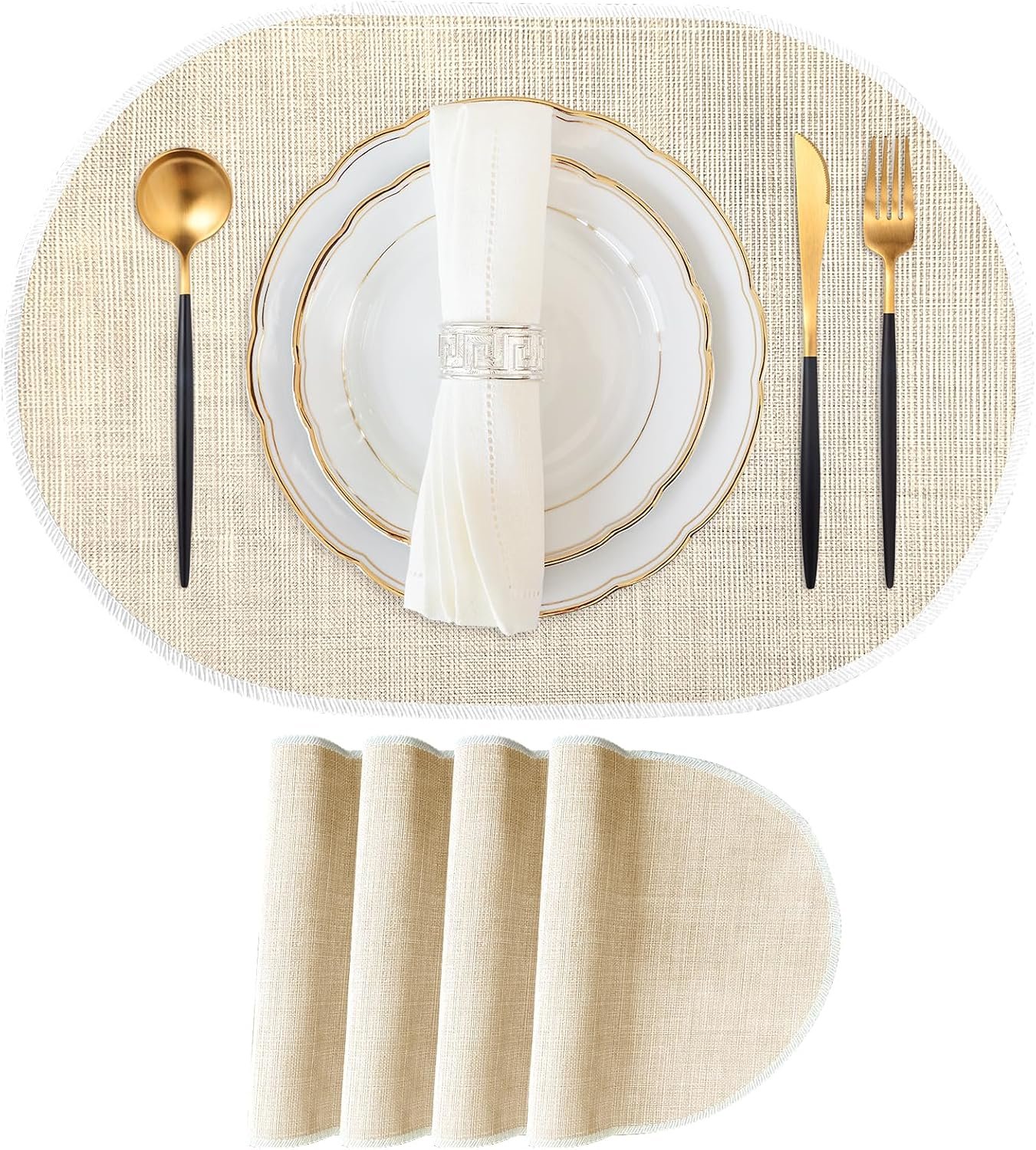 Beige Placemats Set of 4, 12×18 Inch Oval Washable Place Mats Easy to Clean Heat Resistant Table Mats, Wipeable Place Mats for Kitchen, Dining Room（Beige, 4）