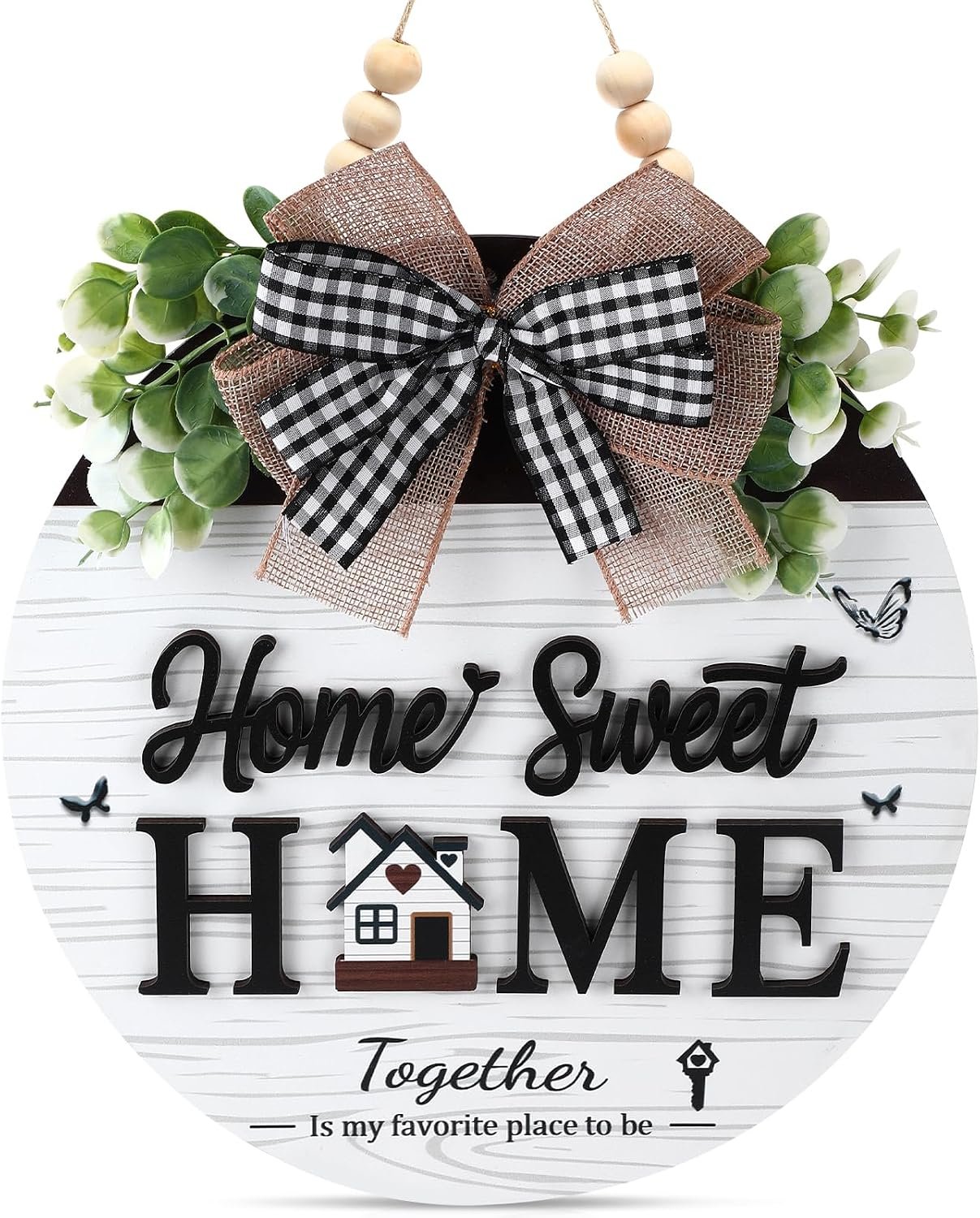 Home Sweet Home Sign, Wooden Welcome Sign for Front Door, 3D Farmhouse Porch Decor Hanging with Rustic Beads, Outdoor Wall Decor Welcome Hanger for All Season (White)