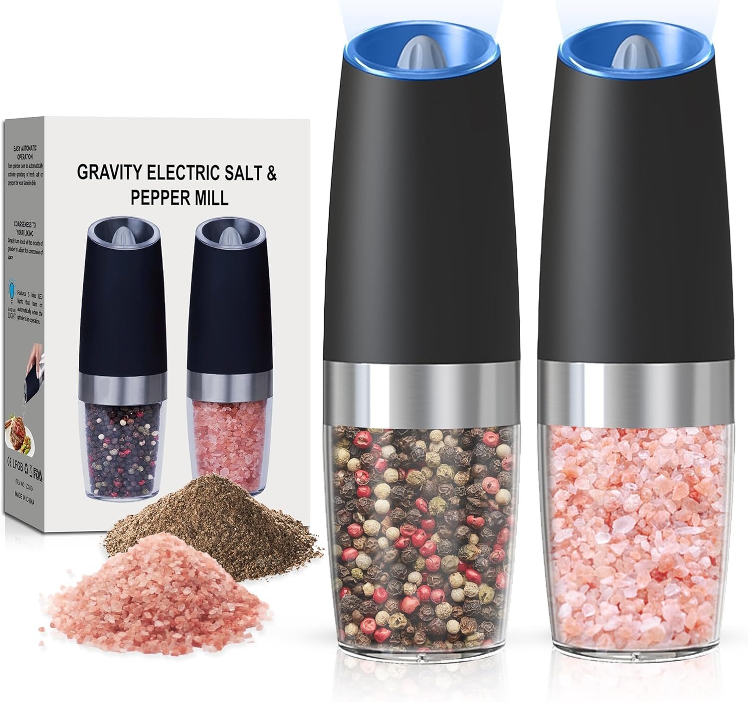 Battery Operated Salt And Pepper Grinder Set 2 Pack (Black) | Gravity-Activated Automatic Grinder With Led Light & Adjustable Coarseness, Each Uses 6 Aaa Batteries,Kitchen Daily Seasoning