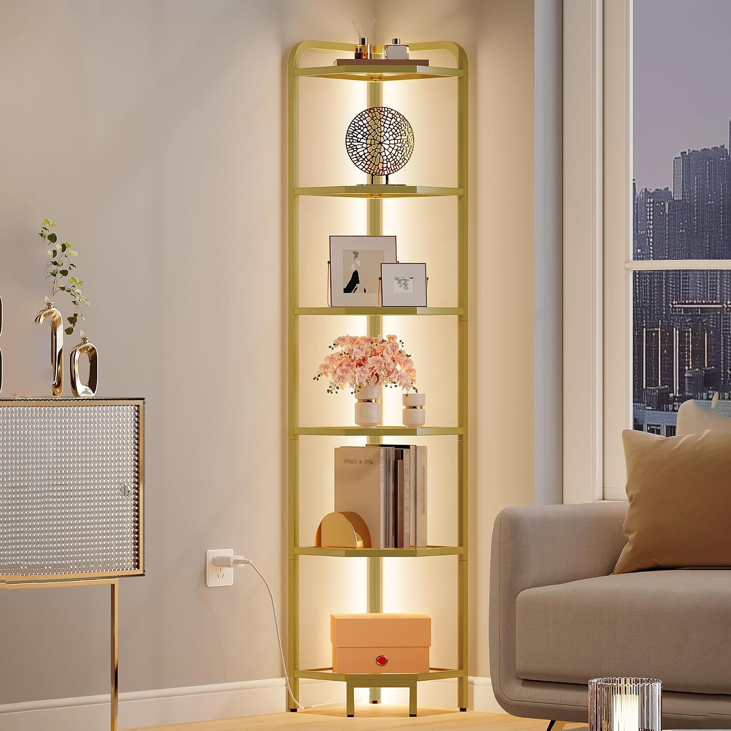 Hzuaneri Corner Shelf with LED Lighting, 6-Tier Glass Bookshelf | Steel Frame, Tempered Glass, Modern Style Corner Shelf, Suitable for Living Rooms, Bedrooms and Games Rooms CS09699G