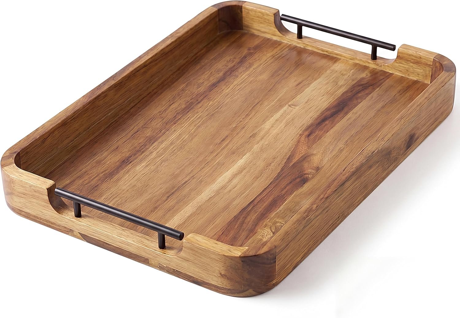 ZUJJAFY Serving Tray with Metal Handles, 17 x 13 in Acacia Wood Tray for Serving Food, Ottoman Decorative Tray Platter for Coffee Table, Living Room, Bar, Party