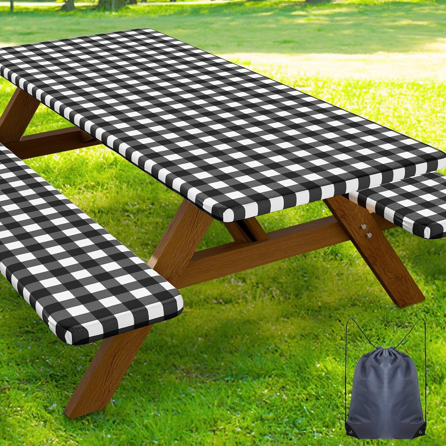Smiry Picnic Table Cover with Bench Covers, Waterproof Elastic Fitted Tablecloths for 6 Foot Rectangle Tables, Washable Buffalo Plaid Tablecloth for Camping, Outdoor (Black & White, 30″x72″)