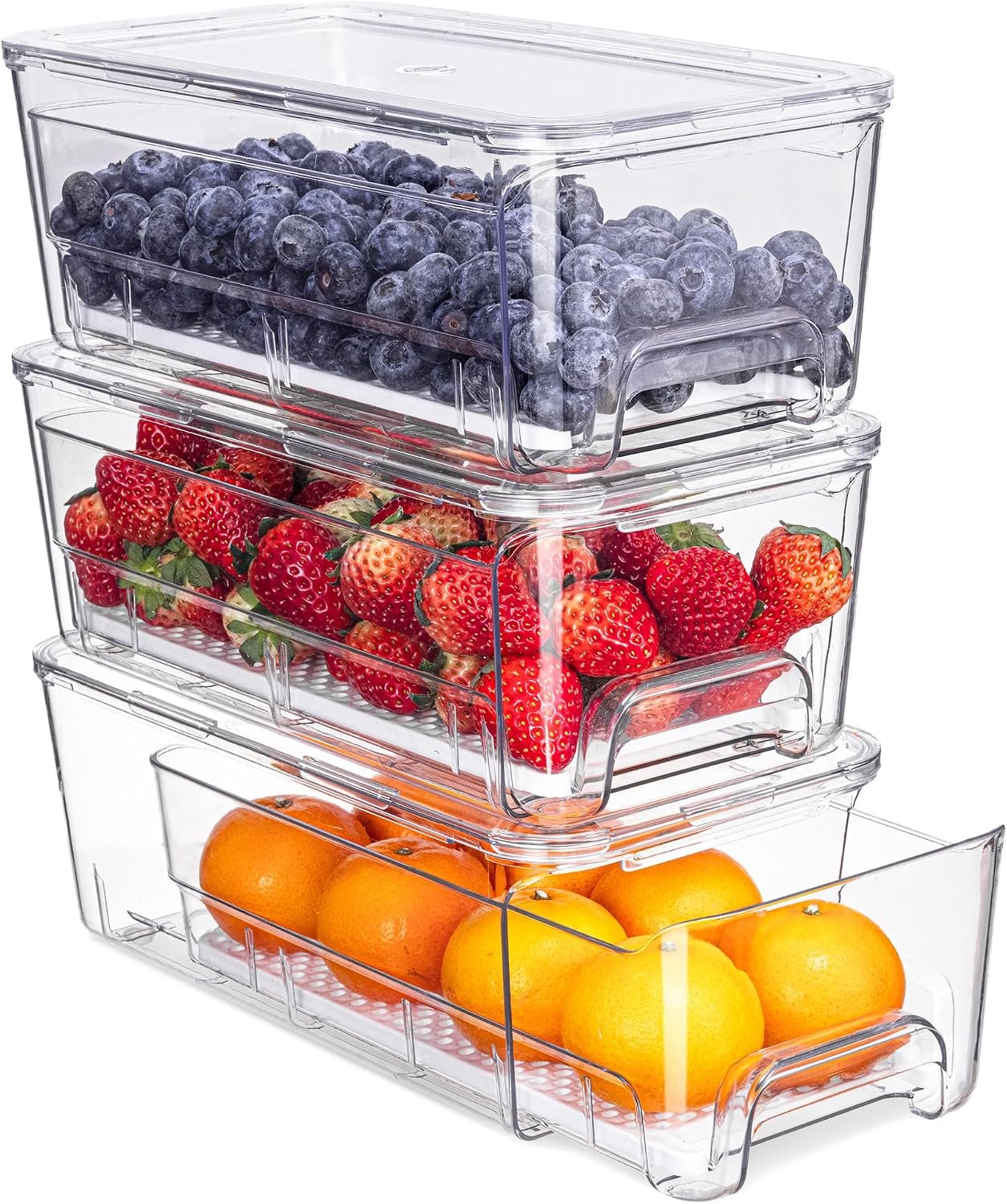 Fruit Storage Container for Fridge with Pull-Out Drawer, Drain Layer | 3 Pack, Keeps Fruits and Vegetables Fresh & Dry, Stackable Design, Clear View, Helps Reduce Odors, with Anti-Slip Base