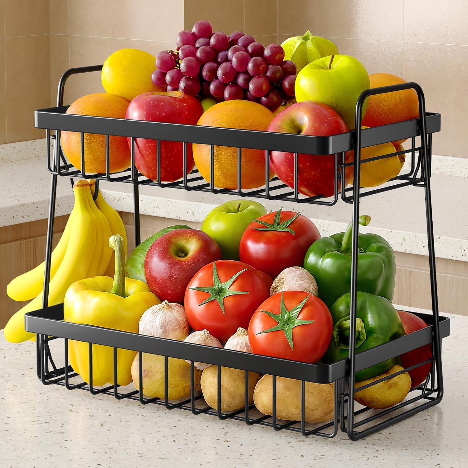 Sakugi Fruit Basket for Kitchen Counter – 2-Tier Fruit Bowl with Removable Banana Hanger & Handles, Rustproof Fruit Holder for Kitchen, Living Room, Bathroom, 13.4″×8.7″×11.7″, Black