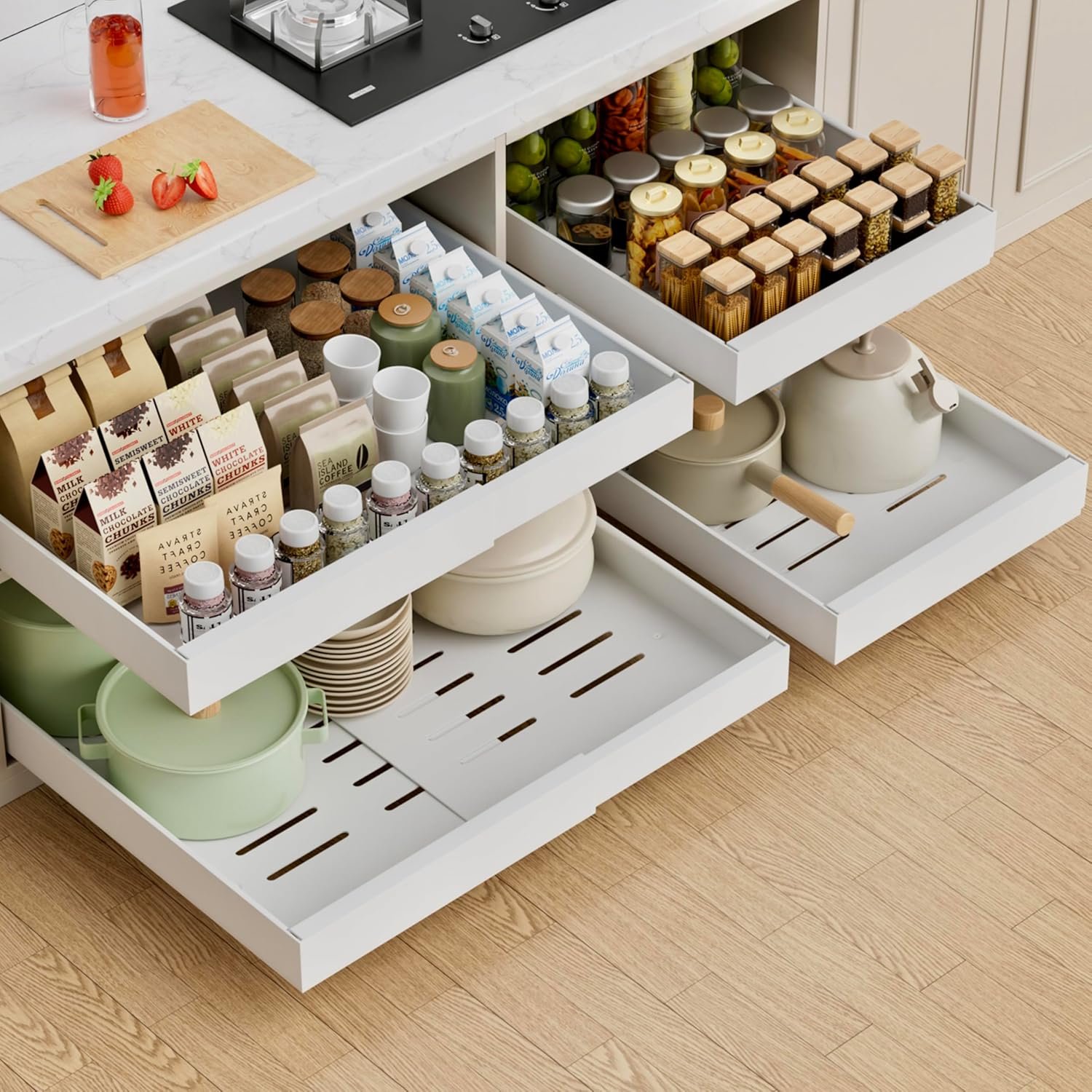 PAKETA 4 Pack Expandable Pull Out Cabinet Organizer,21″ Deep | Pull Out Drawers for Cabinets with width from 12″ to 20″,Sliding Drawers for Cabinets with Upgrade 3 Slide Rails,hold 65 lbs