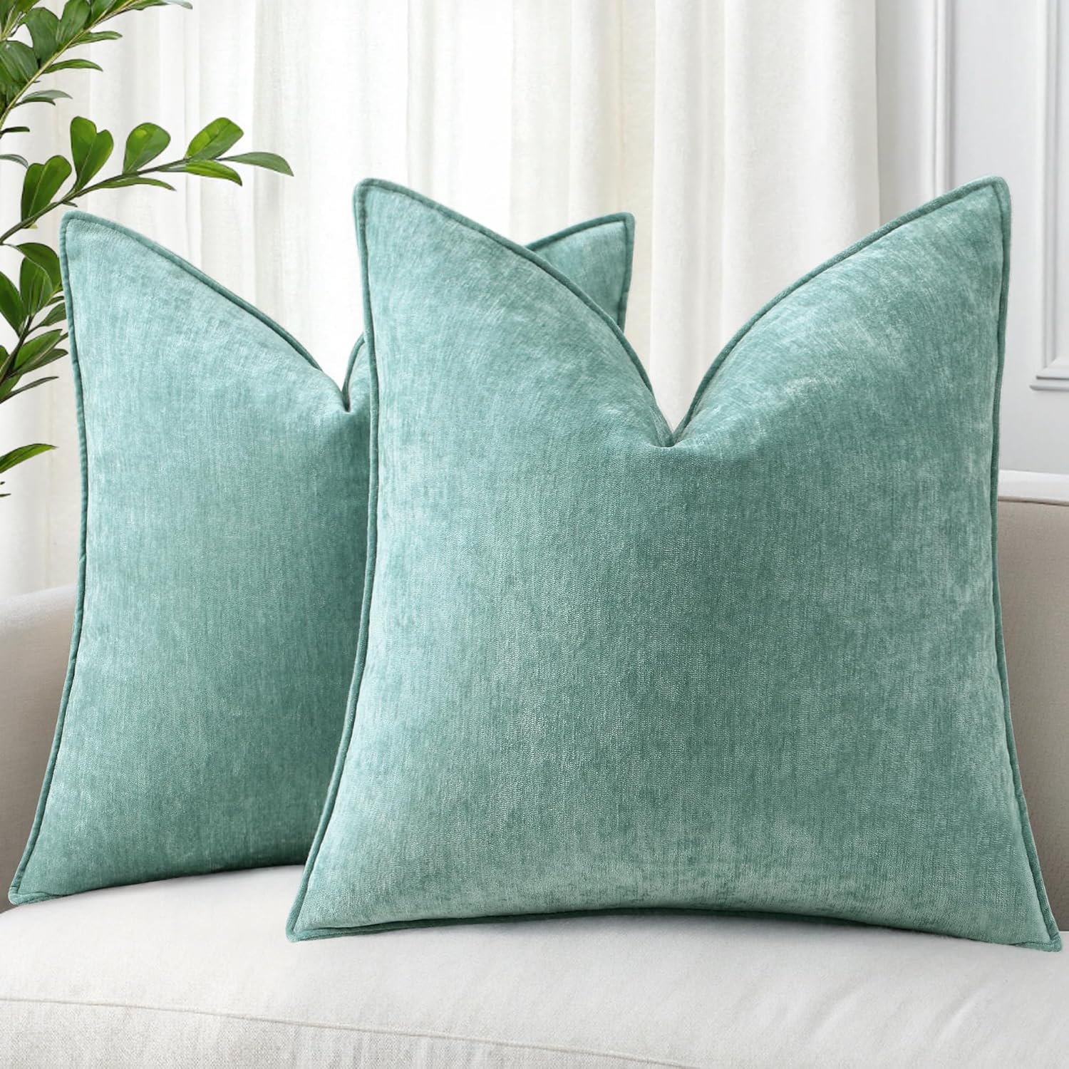 decorUhome Chenille Aqua Haze Velvet Throw Pillow Covers 18×18 Set of 2 | Fall Soft Couch Decorative Modern Farmhouse Pillow Cases with Elegant Design for Sofa Bed Living Room Home Decor